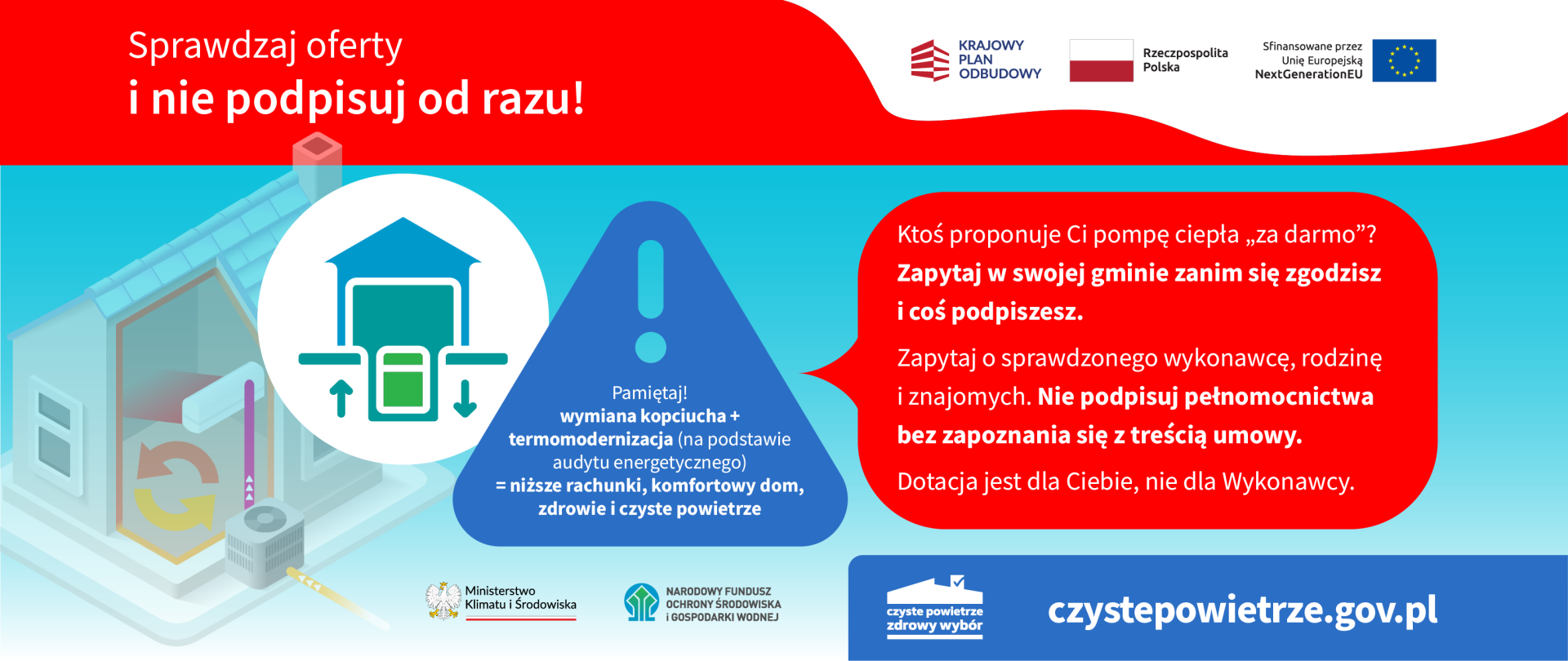 Baner ostrzegający przed nierzetelnymi wykonawcami pracw w ramach programu "Czyste powetrze".