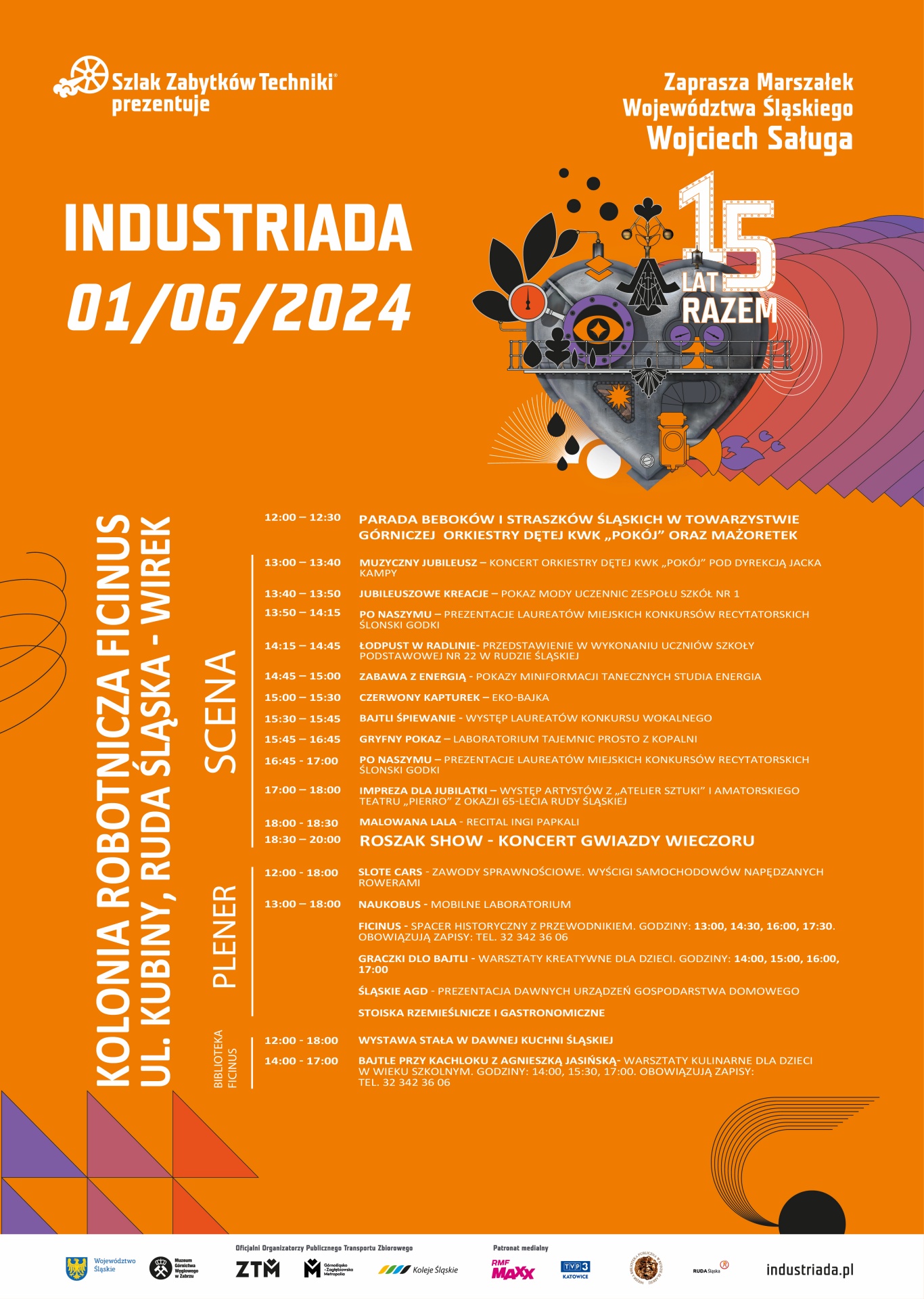 Plakat z programem Industriady 2024 na osiedlu Ficinus.