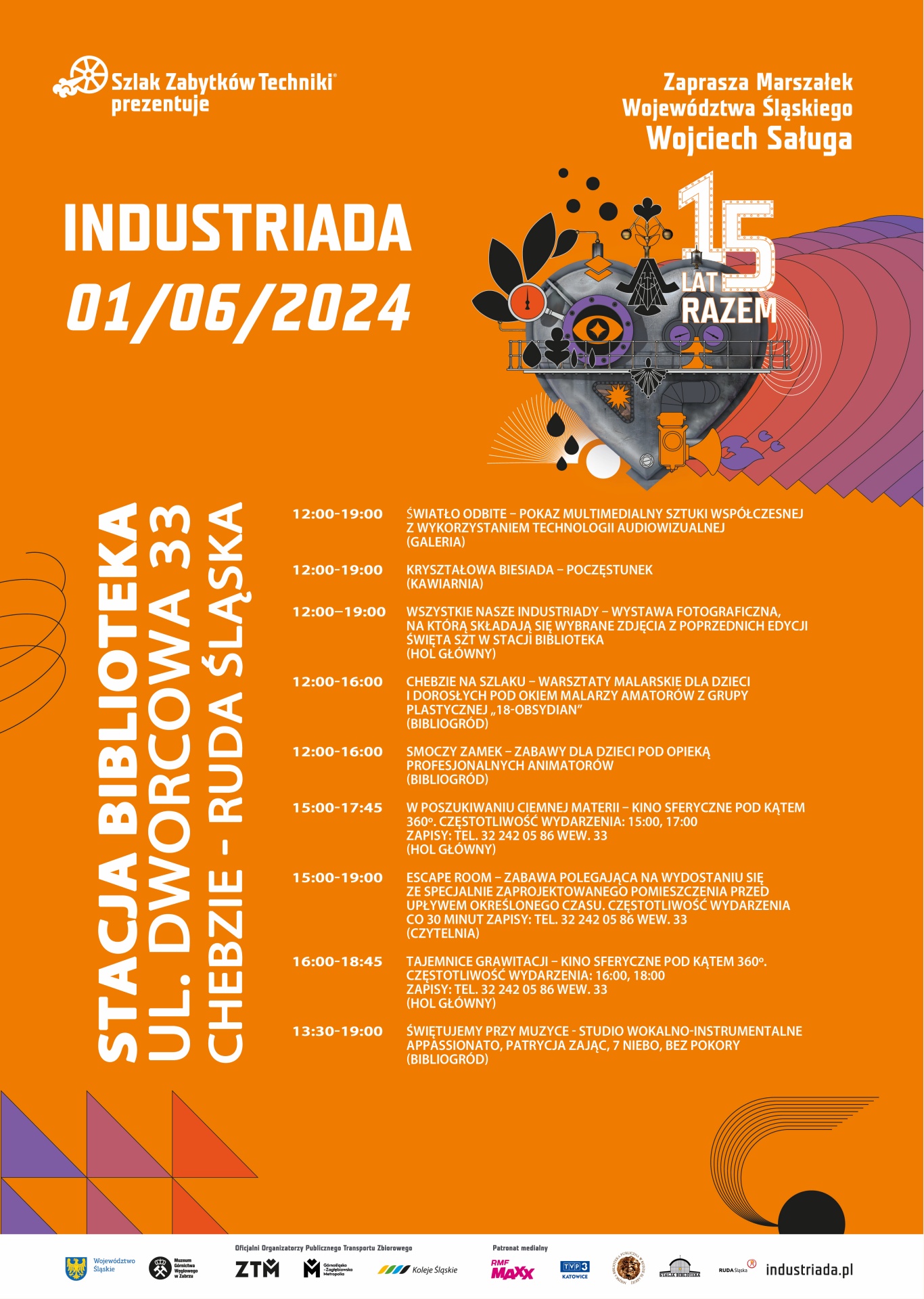 Plakat z programem Industriady 2024 w Stacji Biblioteka.