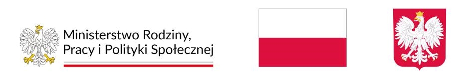 Logotyp Ministerstwo Rodziny, Pracy i Polityki Społecznej, flaga Polski, godło Polski.