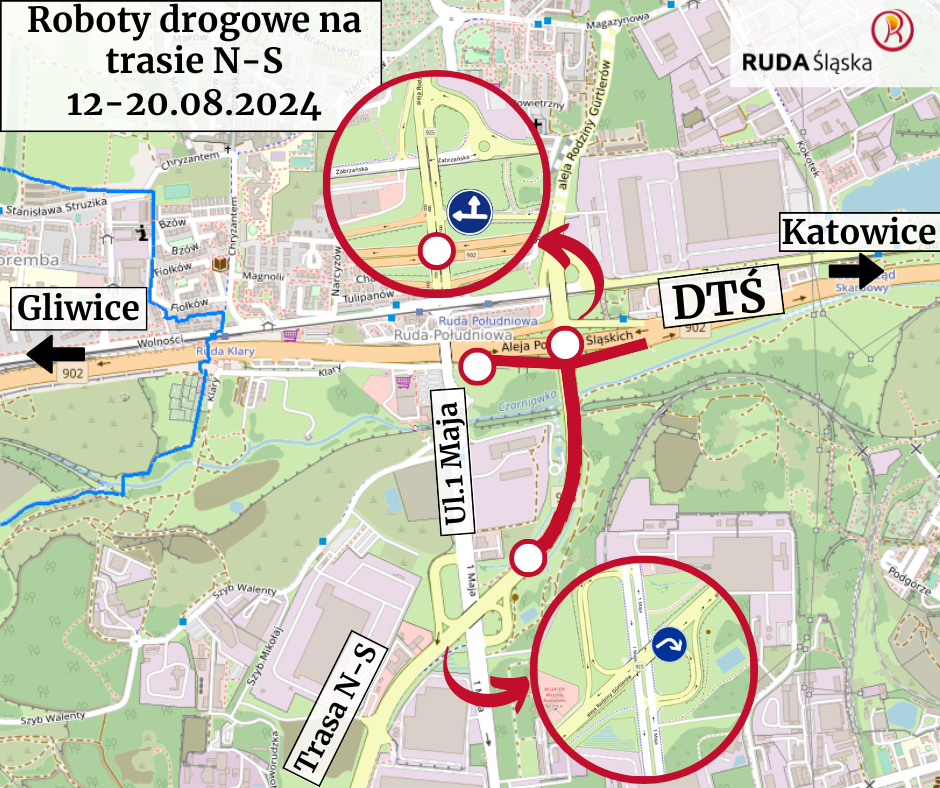 Mapa z zaznaczonymi zmianami w ruchu w rejonie węzła trasy N-S z Drogową Trasą Średnicową od 12 do 20 sierpnia 2024.