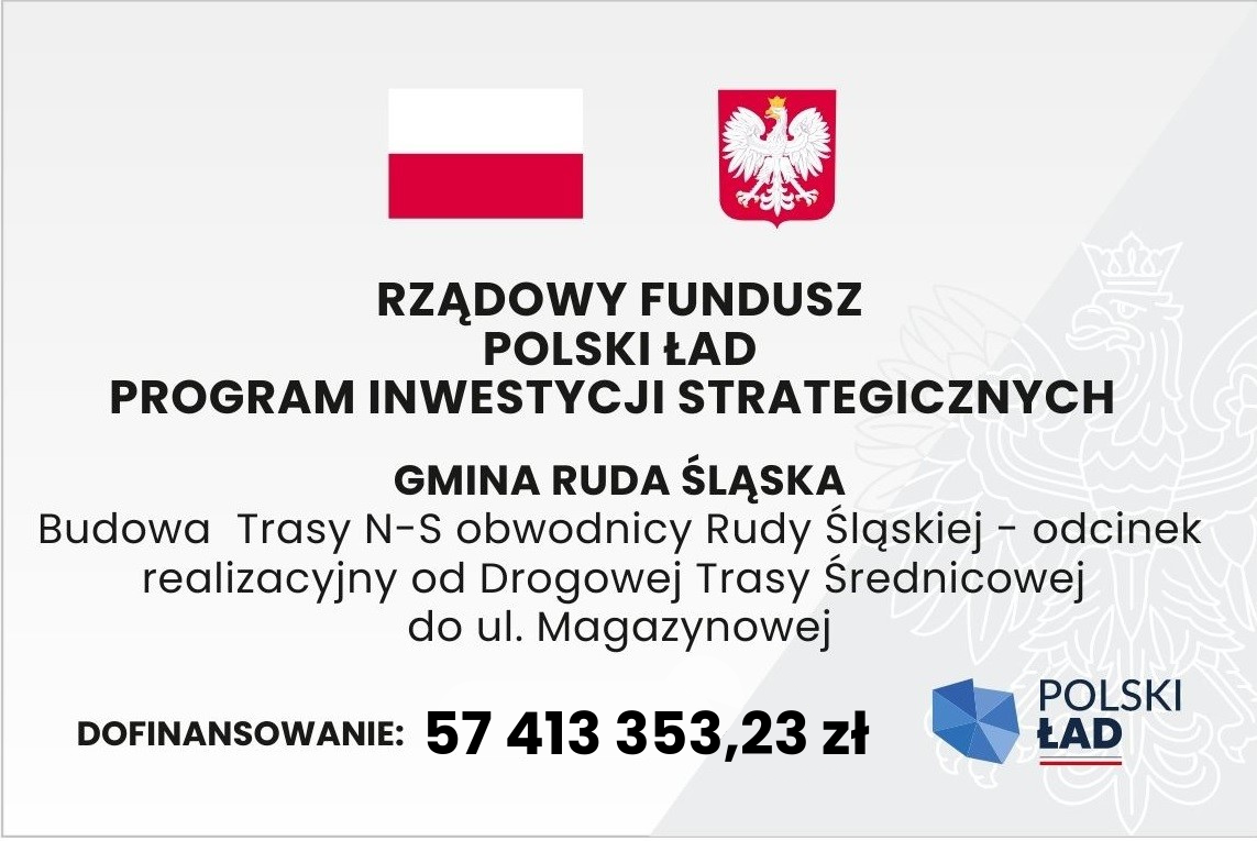 Flaga Polski, godło Polski, tekst "Rządowy Fundusz Polski Ład Program Inwestycji Strategicznych", informacja o dofinansowaniu.