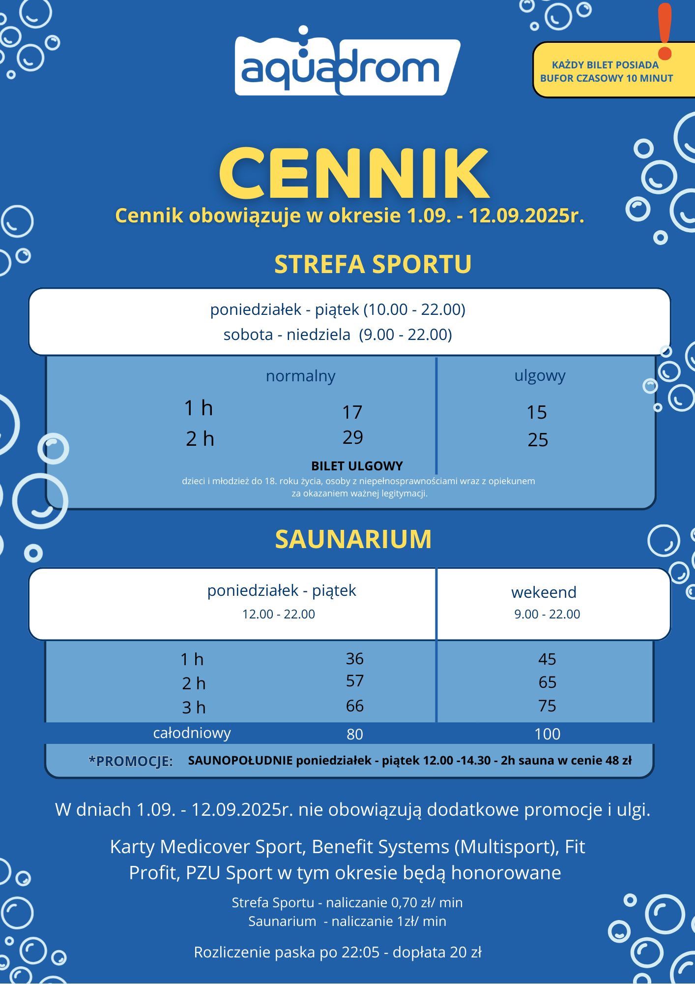 Cennik Aquadromu w dniach 1-12 września 2025 r.