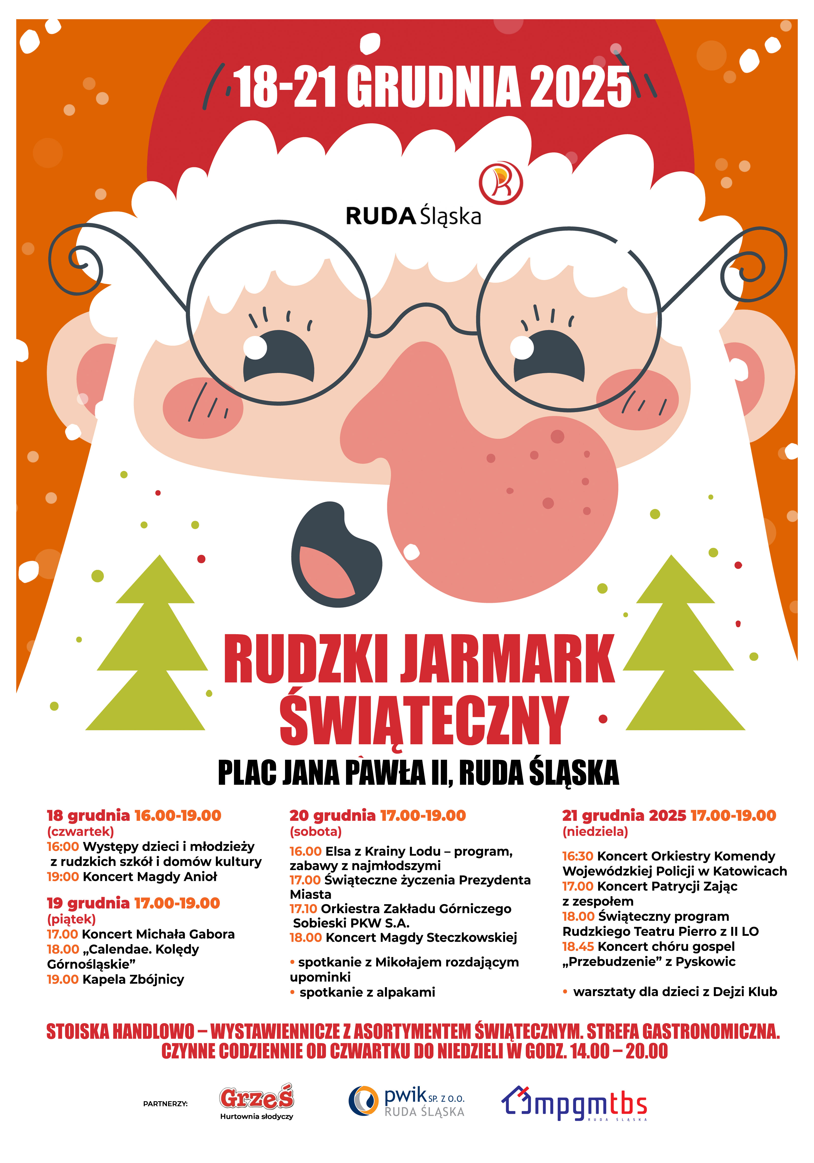 Plakat ze świętym Mikołajem i programem Rudzkiego Jarmarku Świątecznego 2025.