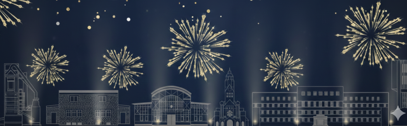 Fajerwerki nad budynkami.