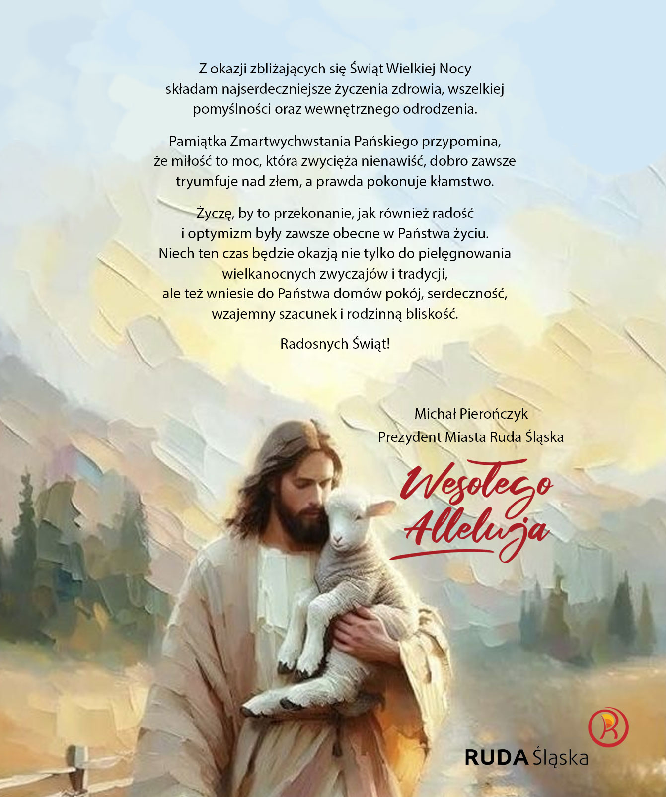 Jezus Chrystus z jagnięciem na ręku, tekst życzeń Prezydenta Miasta Ruda Śląska Michała Pierończyka, logo Rudy Śląskiej.