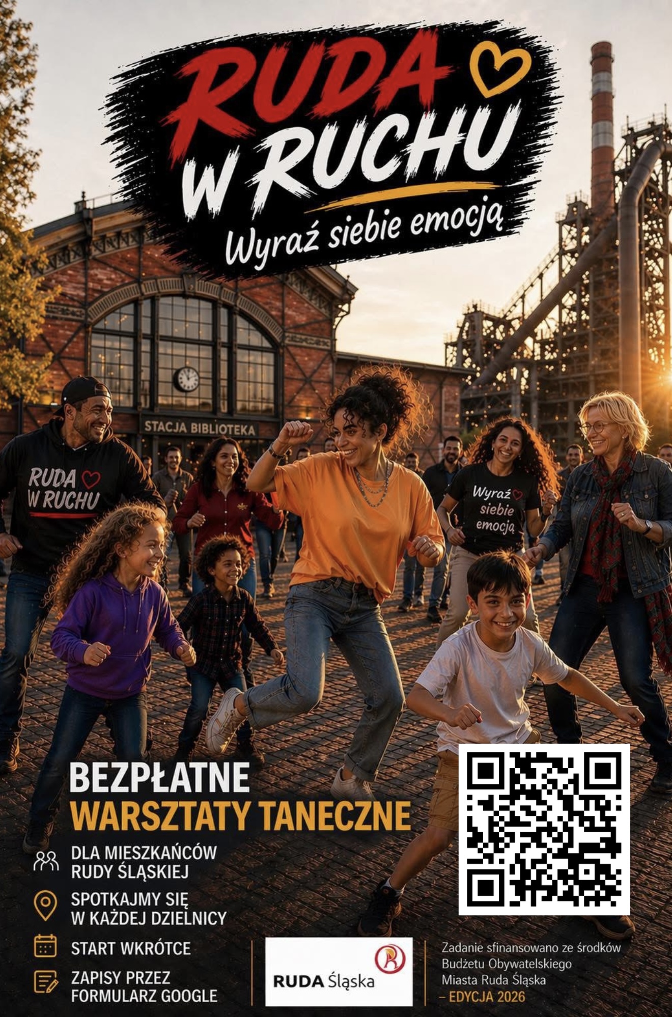 grafika zapowiadająca warsztaty , na  tle zabytków tańczący ludzie