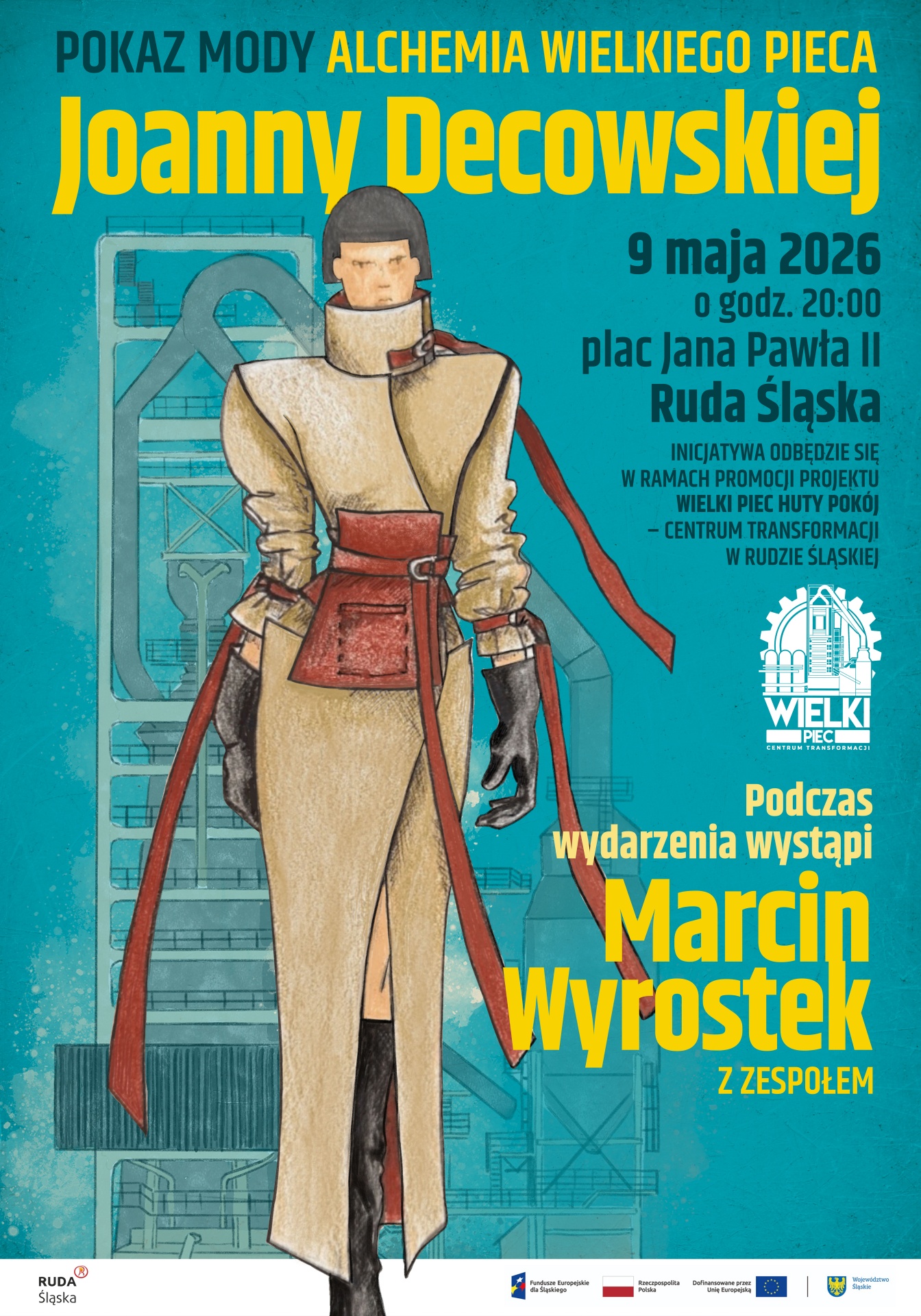 Grafika przedstawiająca obiekt Wielkiego Pieca i projektu stroju oraz informacje o planowanym wydarzeniu - pokazie mody.