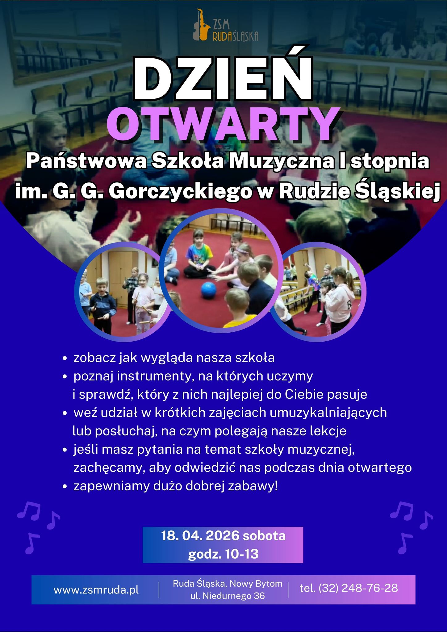 plakat w kolorze niebieskim zapowiadający dzień otwarty w szkole muzycznej