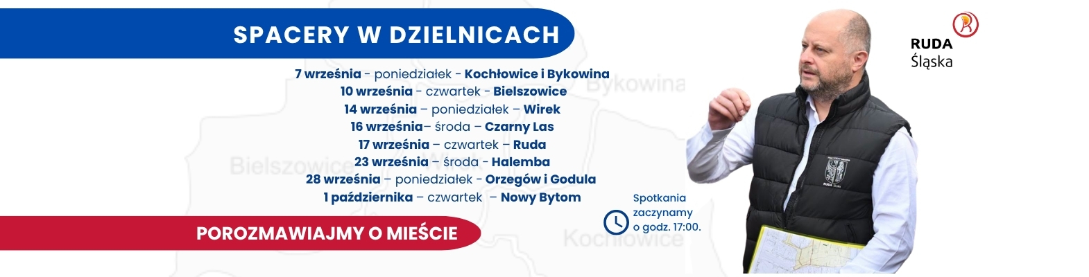 Harmonogram spacerów w dzielnicach, kontur mapy miasta, mężczyzna w kamizelce z herbem Rudy Śląskiej, logo Rudy Śląskiej.