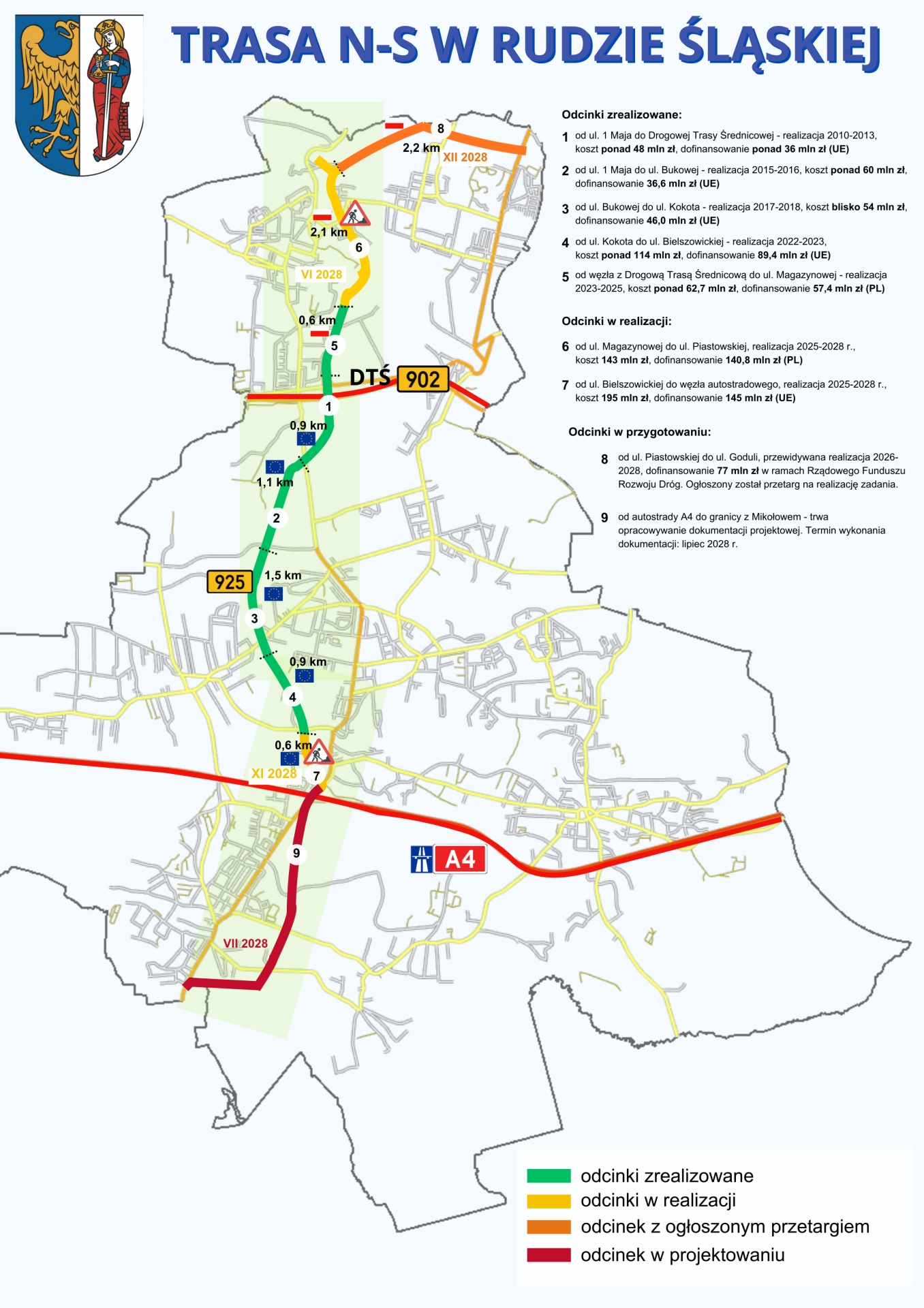 Mapa zaznaczonymi odcinkami trasy N-S w Rudzie Śląskiej.