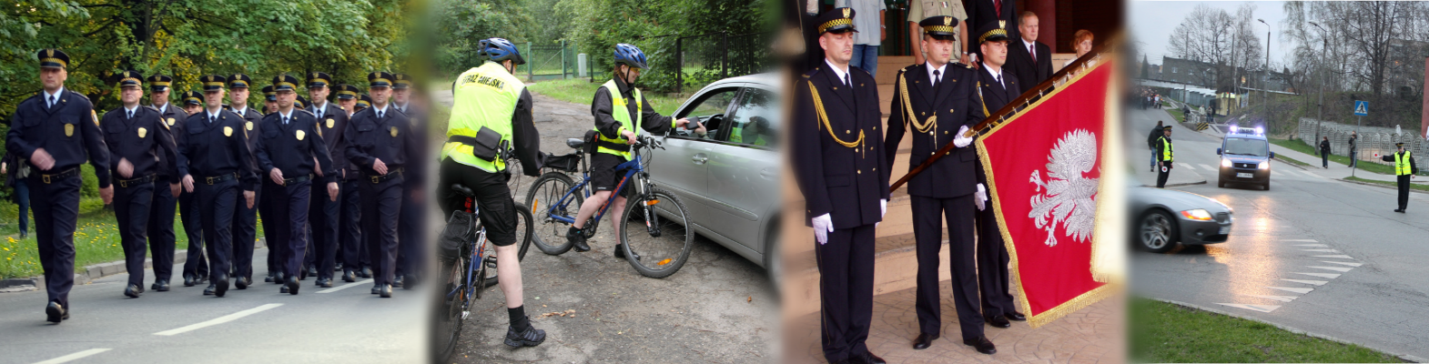 Maszerujący strażnicy miejscy, rowerowy patrol Straży Miejskiej kontrolujący kierowcę w samochodzie, poczet sztandarowy Straży Miejskiej, strażnicy miejscy kierujący ruchem na skrzyżowaniu.