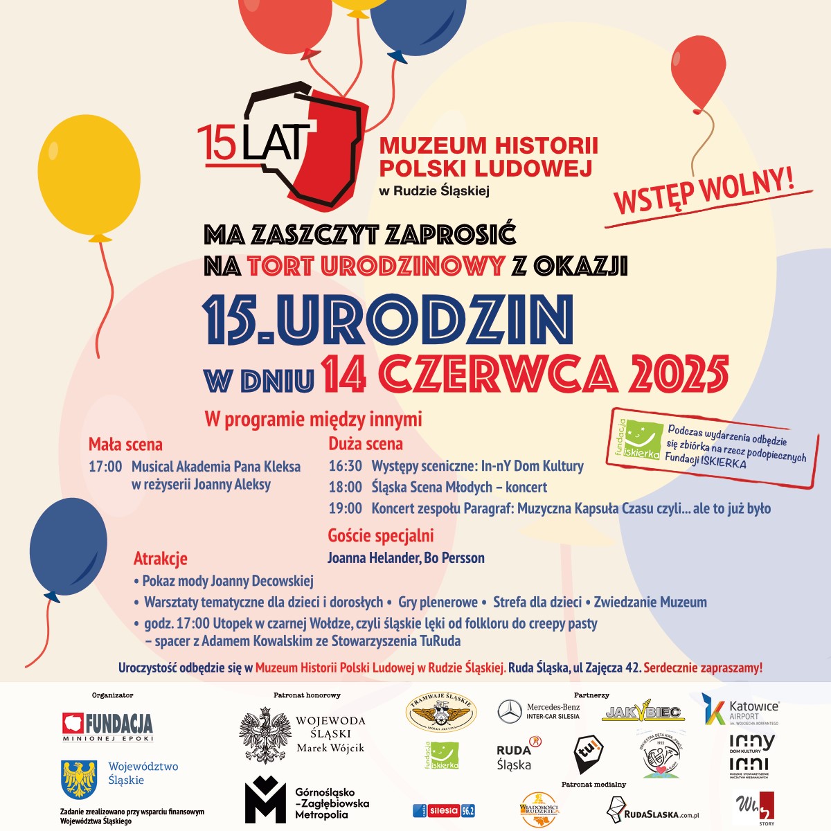 Grafika zapowiadająca 15-te urodziny Muzeum Historii Polski Ludowej w Rudzie Śląskiej.