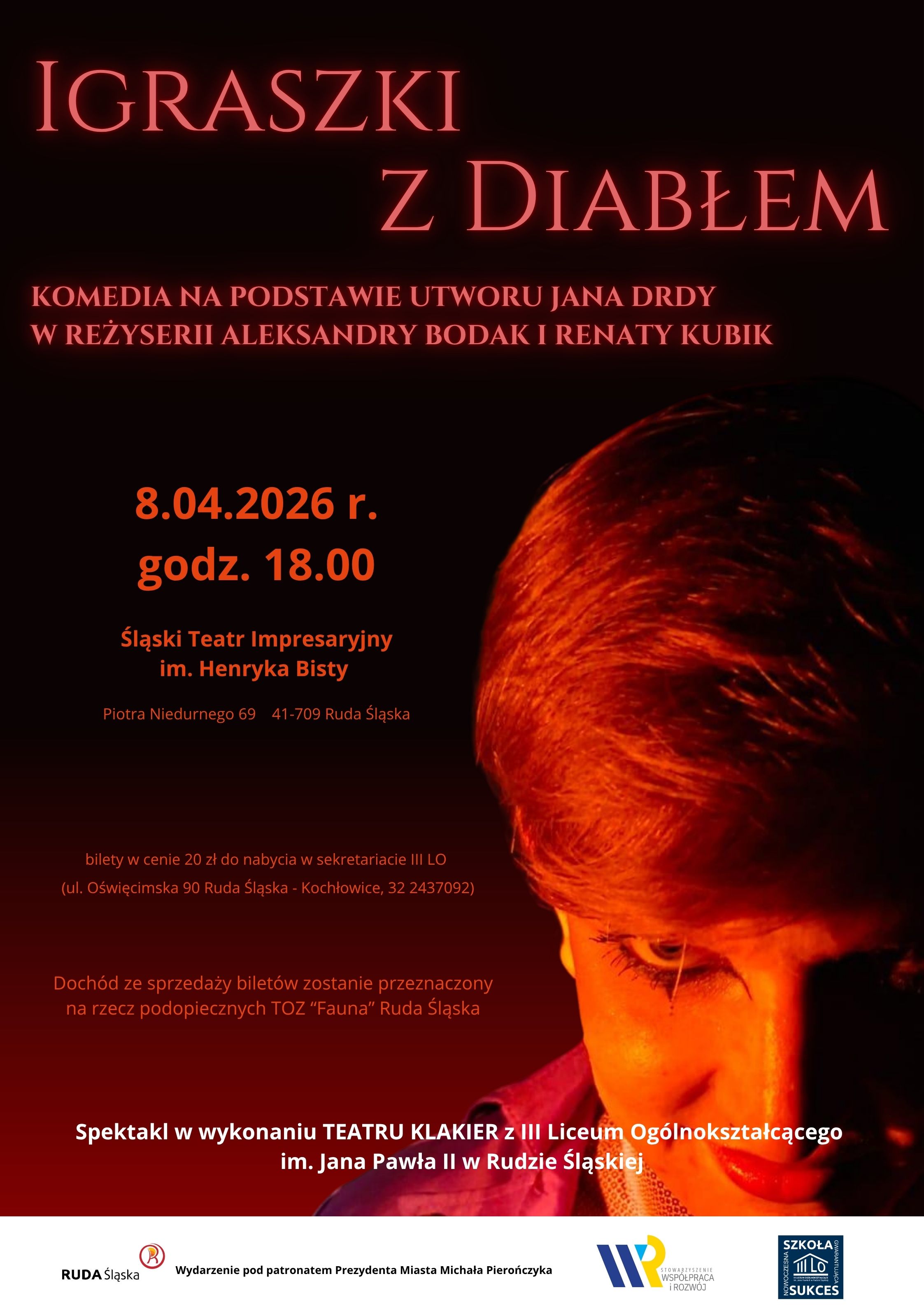 Plakat zapowiadający spektakl Igraszki z diabłem teatru Klakier.