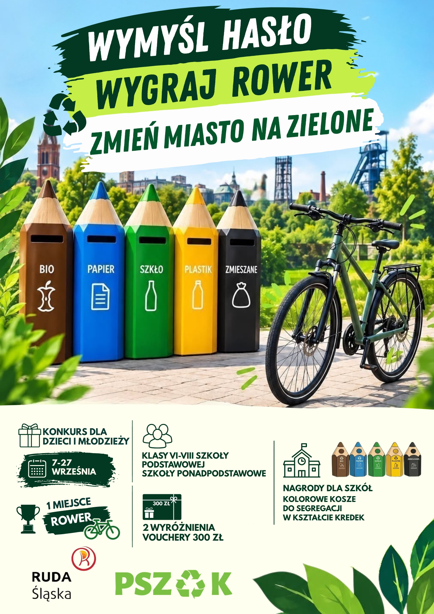Plakat zachęcający do udziału w konkursie ekologicznym. Kosze w kształcie kolorowych kredek, rower.