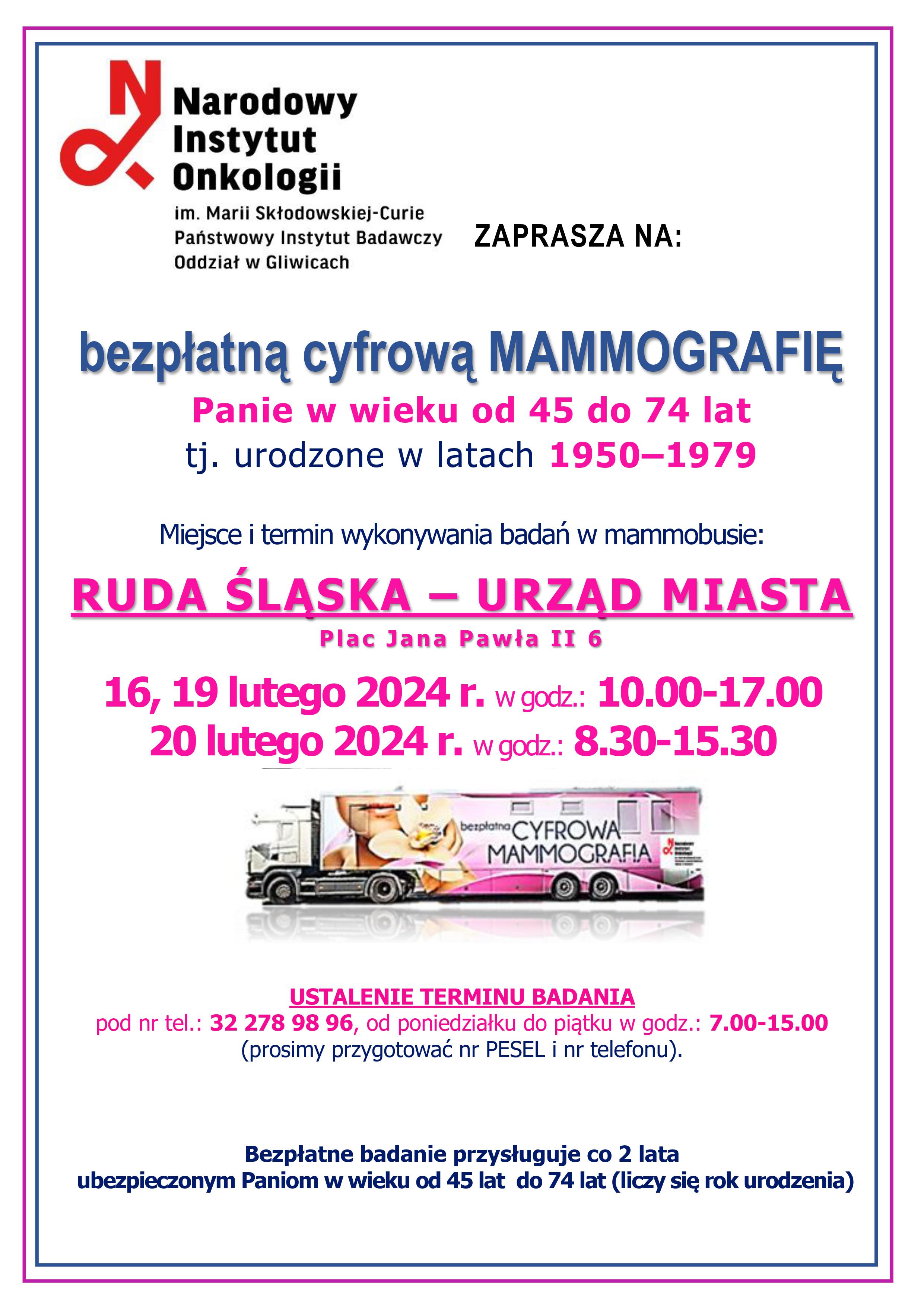 Grafika zapowiadająca mammografię w mammobusie.