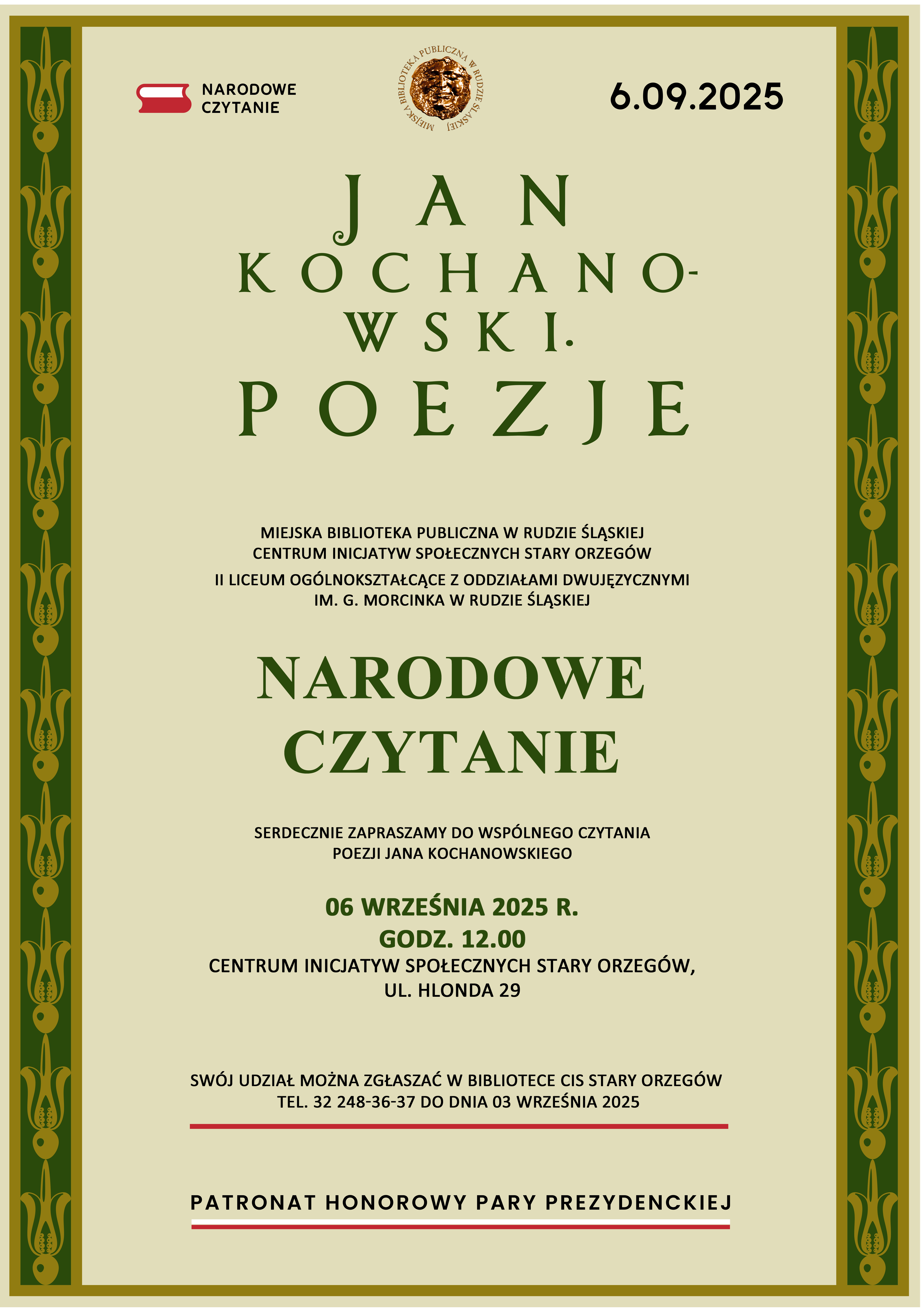 Plakat zapowiadający Narodowe Czytania 6 września 2025 r. o godz. 12.00 w Centrum Inicjatyw Społecznych Stary Orzegów.