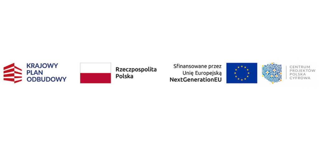 4 logotypy programu, najpierw krajowy plan odbudowy, potem biało-czerwona flaga, kolejna flaga Unii Europejskiej i logo centrum projektów Polska cyfrowa