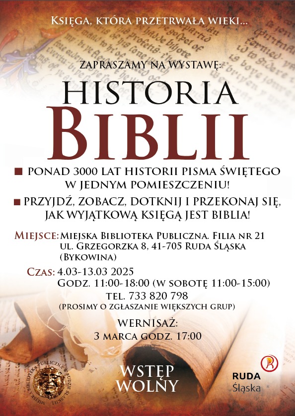 Grafika zapowiadająca wystawę o historii Biblii.