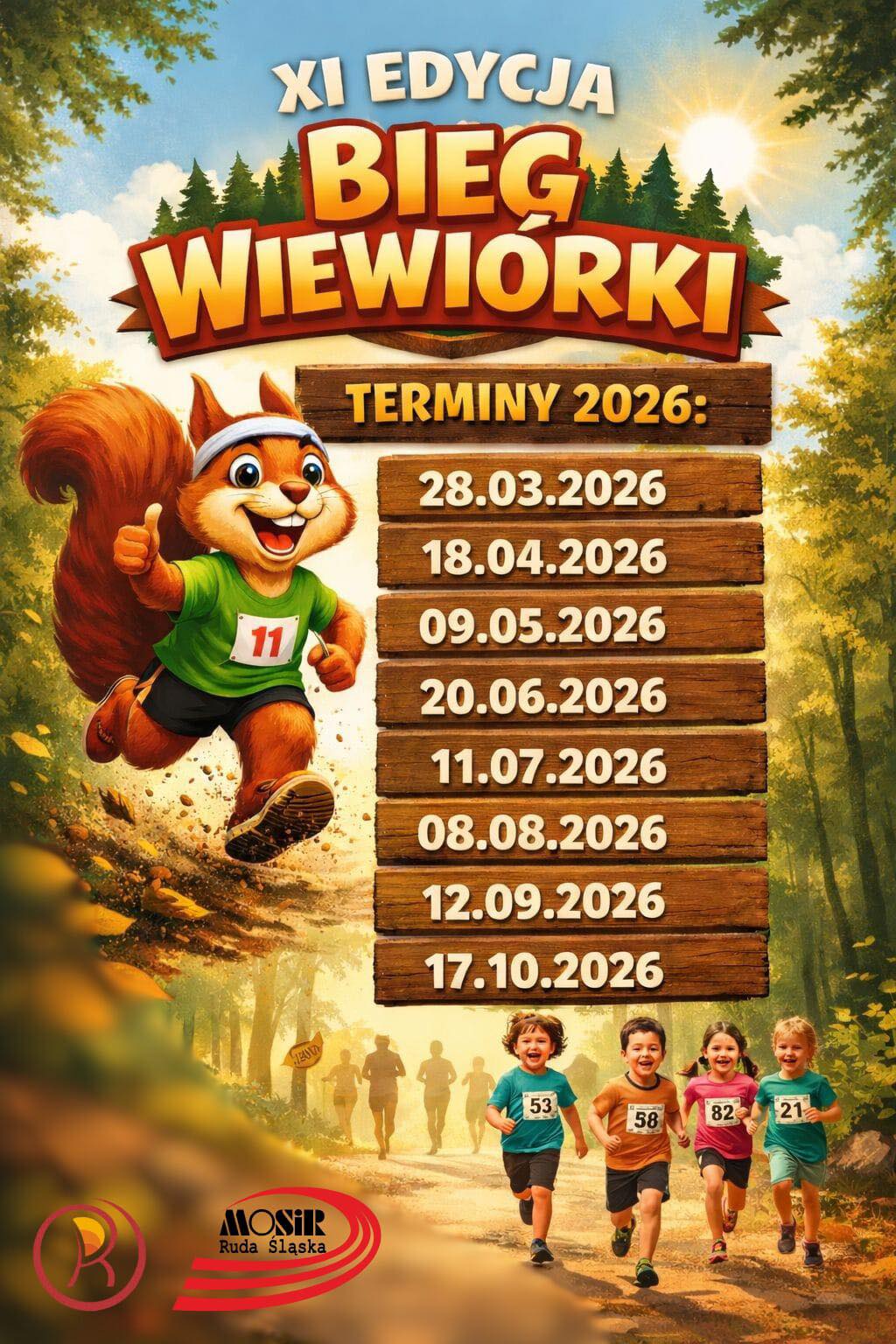 Grafika zapowiadająca cykl Biegów Wiewiórki w 2026 r.