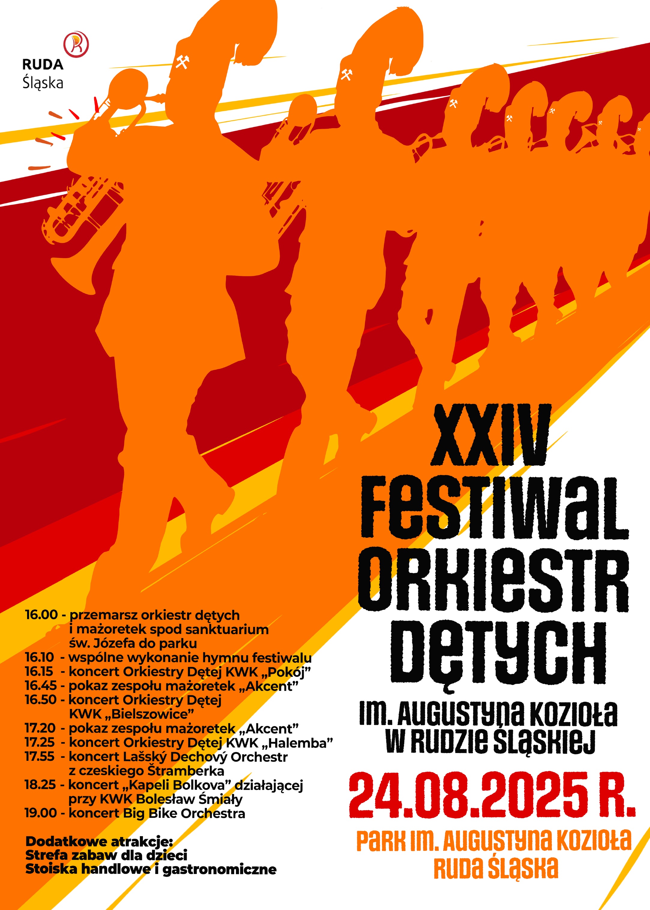 Plakat zapowiadający 24. Festiwal Orkiestr Dętych - rząd ludzkich sylwetek z instrumentami w dłoniach i czako górniczymi na głowach.