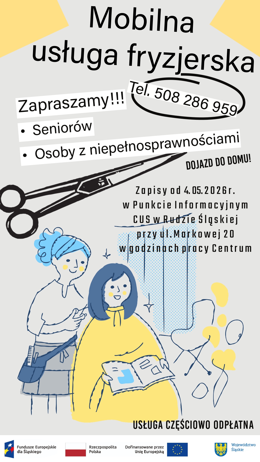 Plakat reklamujący usługi fryzjerskie.