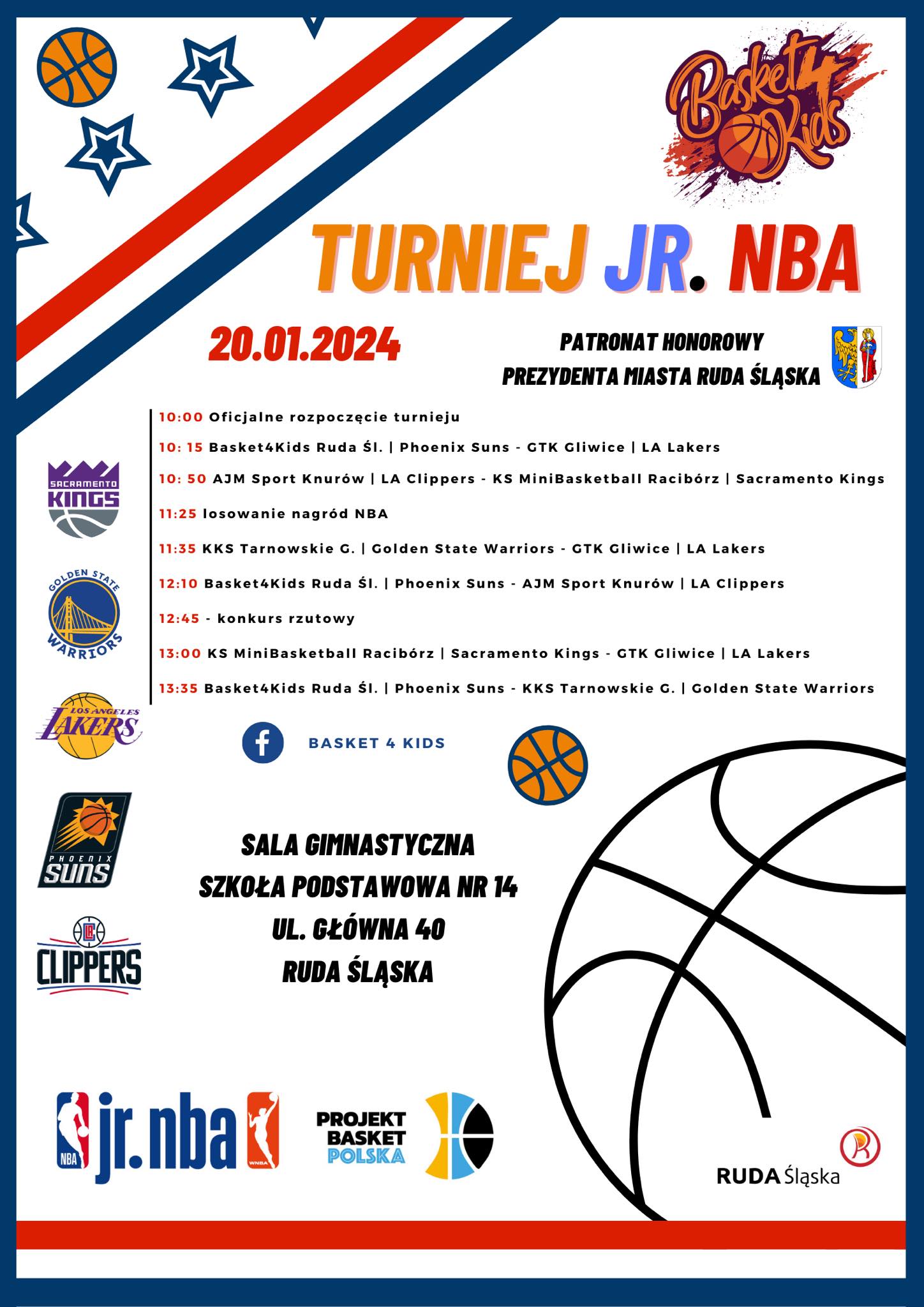 Grafika zapowiadająca turniej koszykówki.