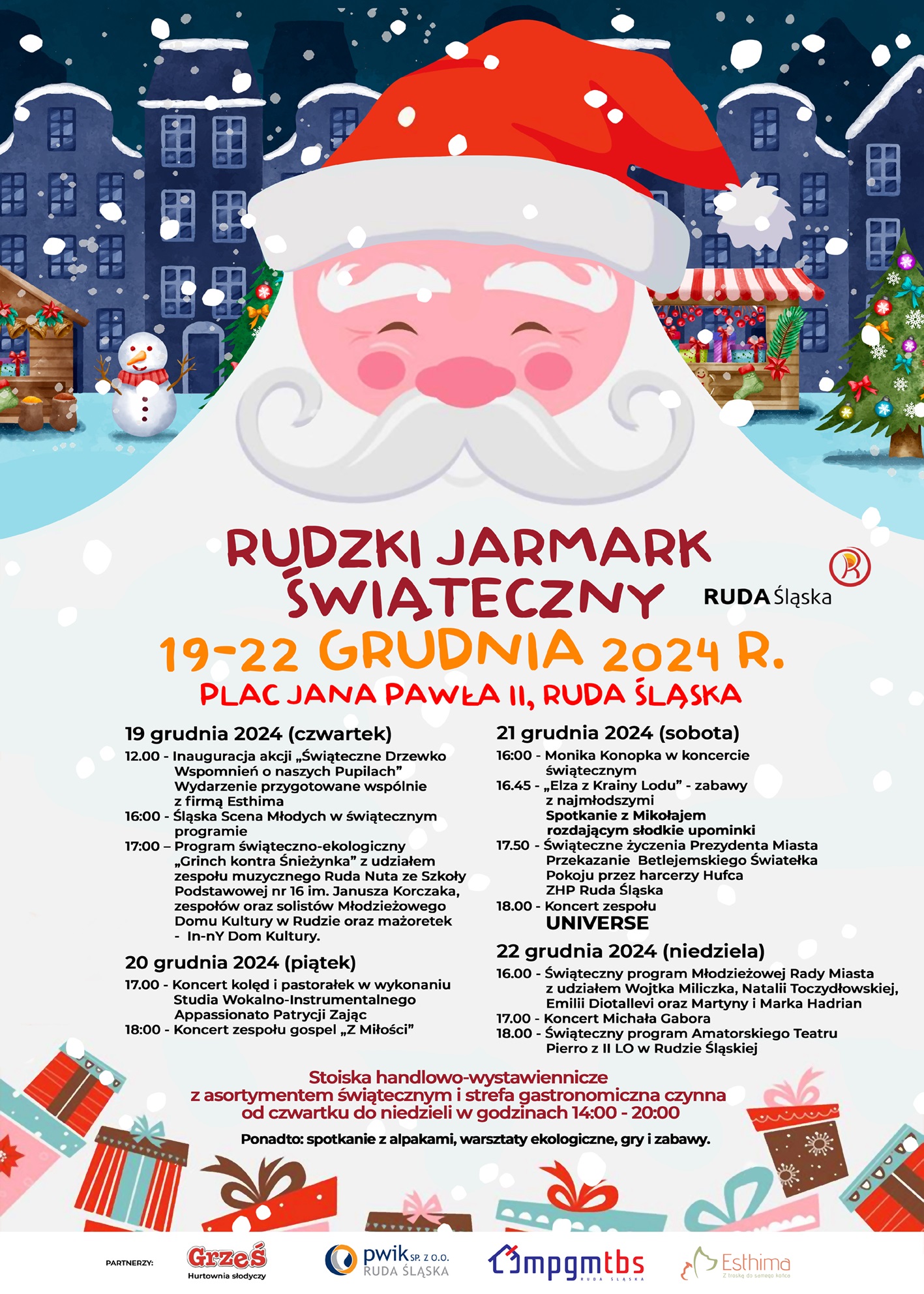 plakat z  programem jarmarku na tle Mikołaja i prezentów