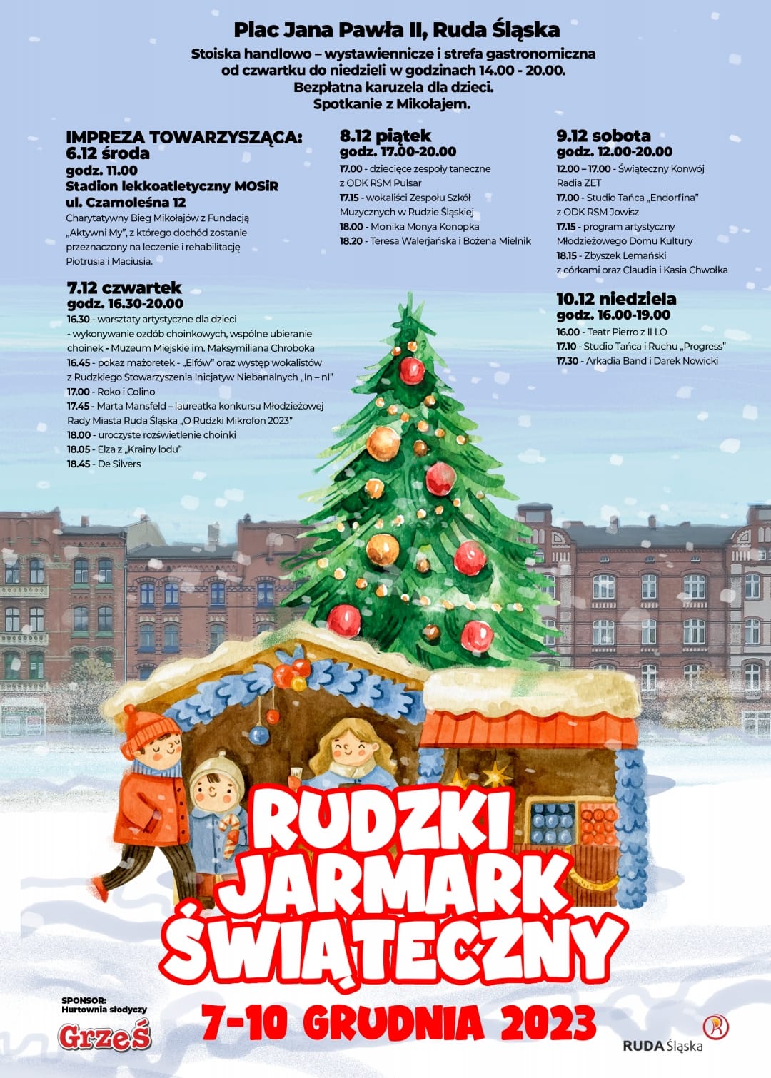 grafika przedstawiająca domek świąteczny, przy nim dzieci, na tle grafiki napis