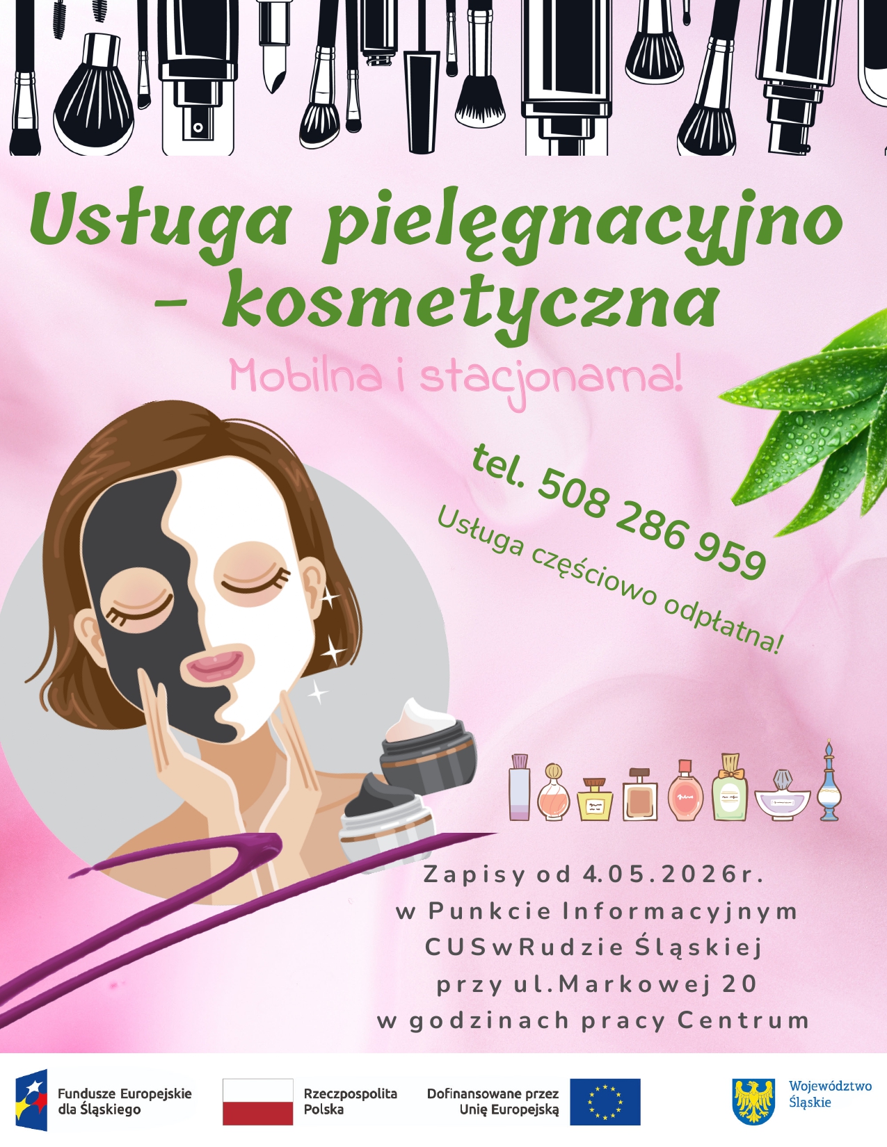 Plakat zapowiadający usługi kosmetyczne.