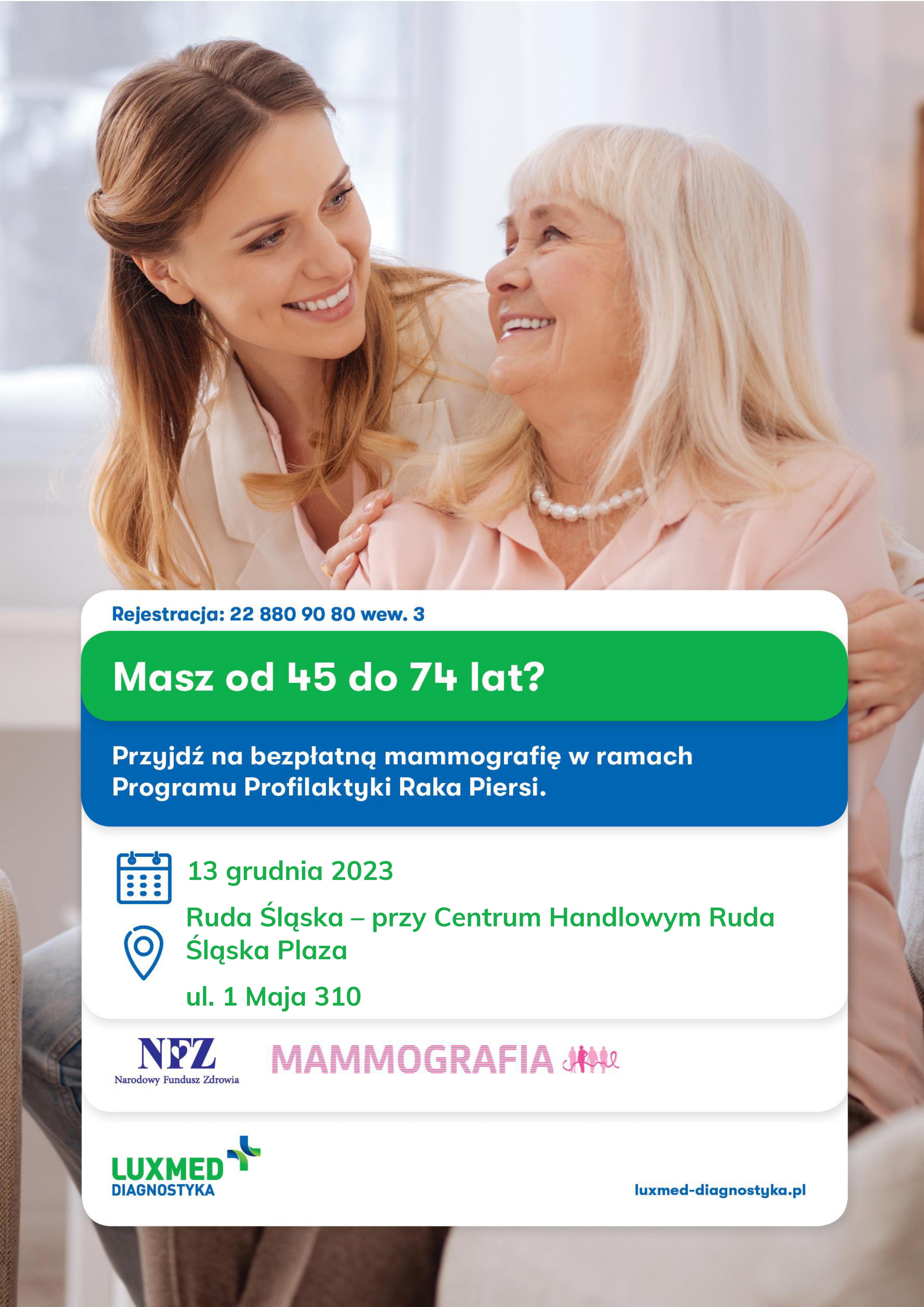 Grafika zapowiadająca bezpłatna mammografię.