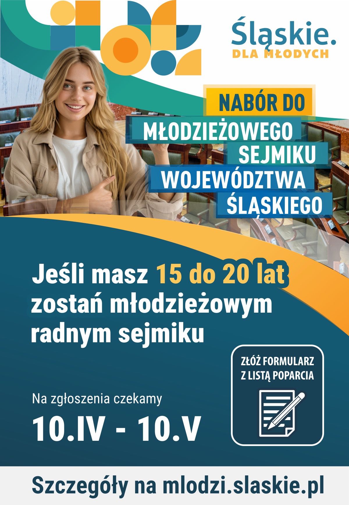 Plakat informujący o naborze młodzieży do młodzieżowego sejmiku województwa śląskiego.