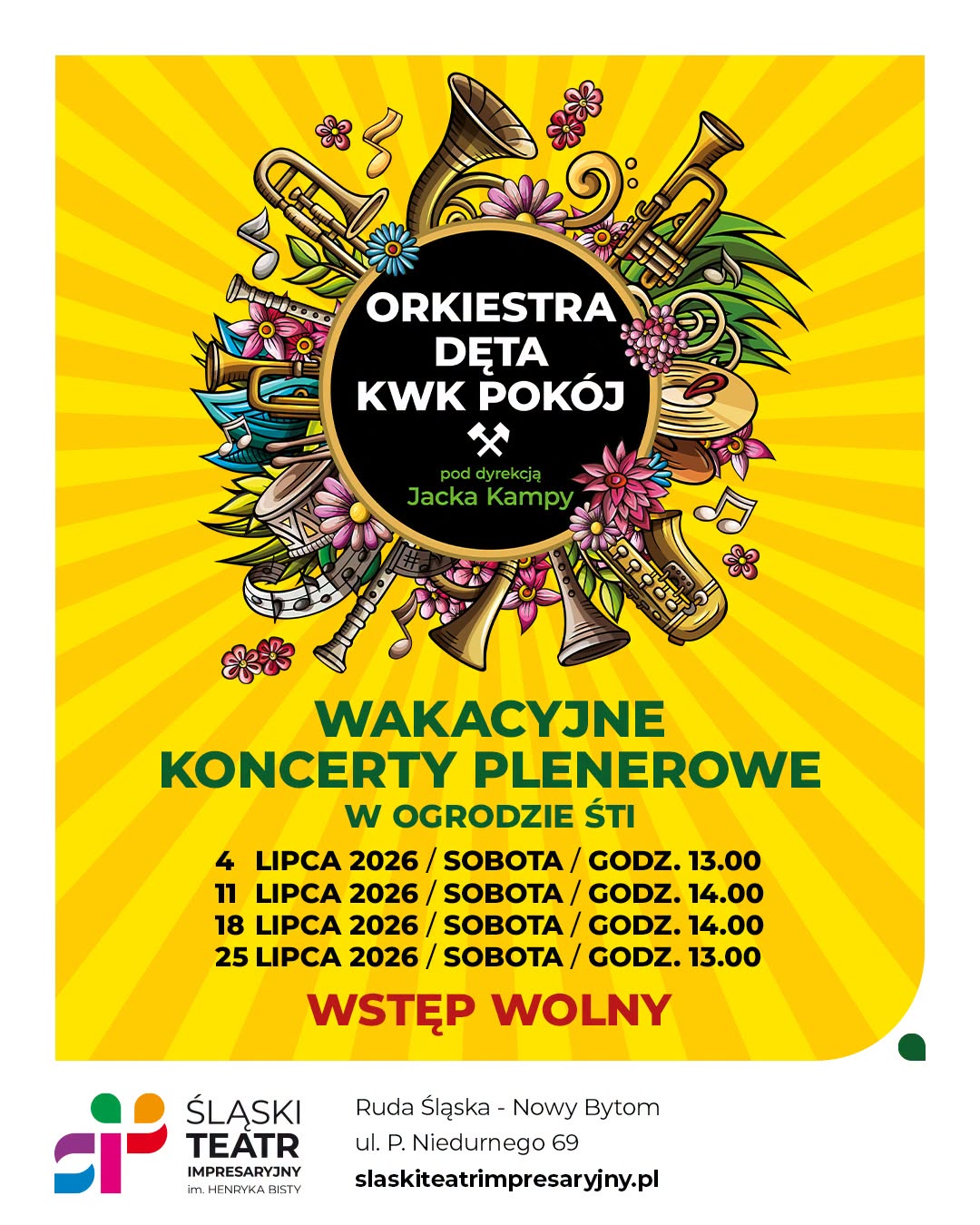 Plakat zapowiadający wakacyjne koncerty plenerowe.