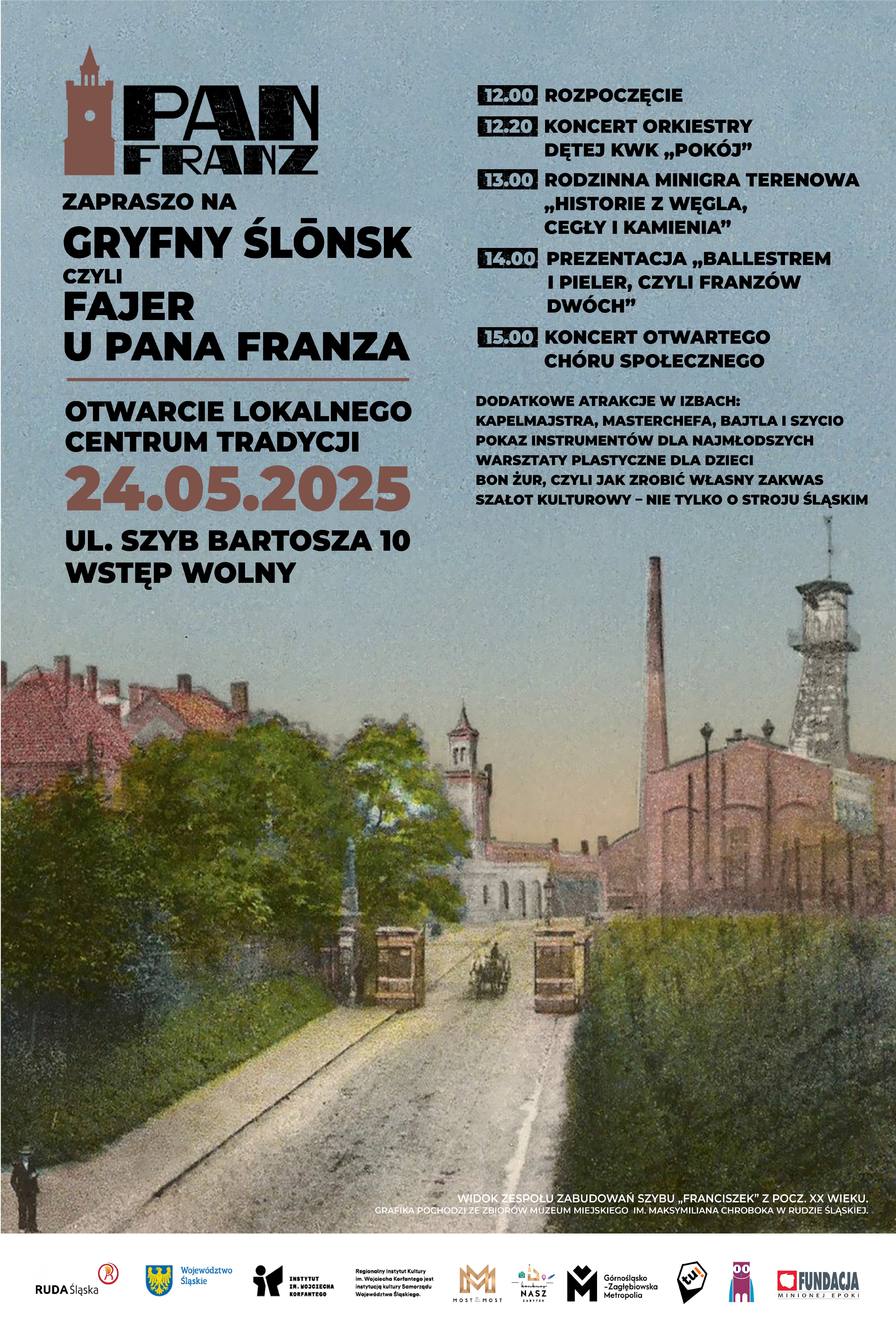 Grafika przedstawiająca grafikę ze śląskim krajobrazem i informacją o otwarciu Lokalnego Centrum Tradycji.