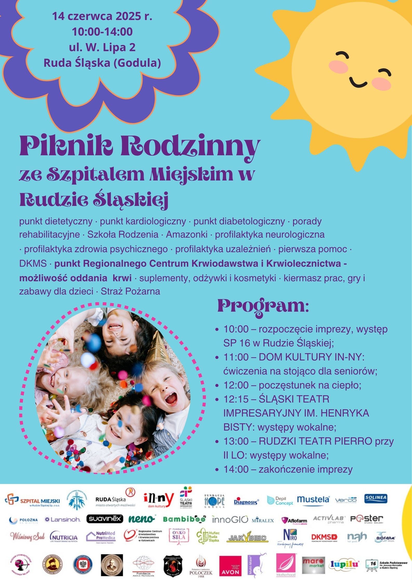 Plakat zapowiadający piknik rodzinny ze szpitalem miejskim.