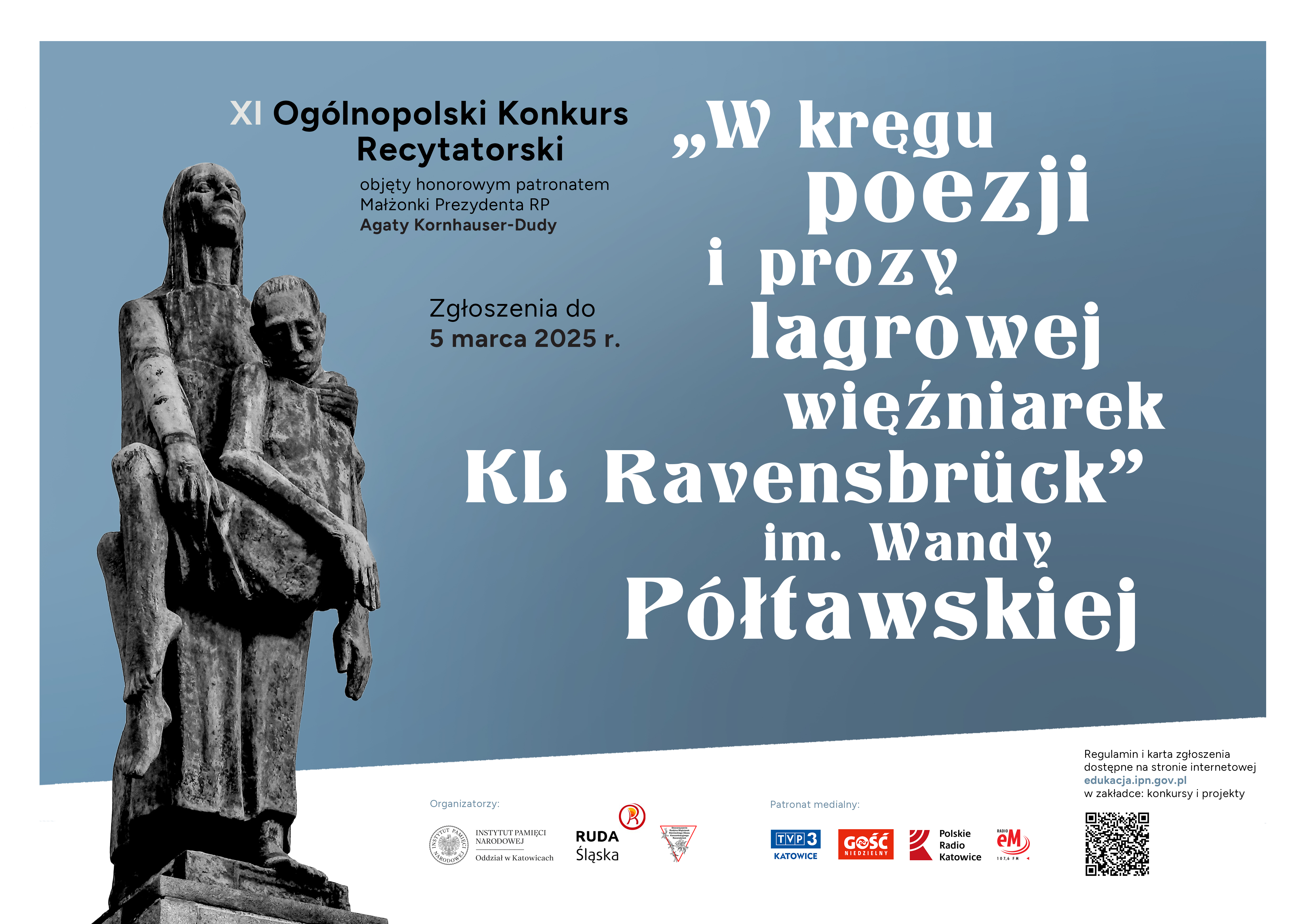grafika zapowiadająca konkurs, na niebieskim tle pomnik ofiar ravensbruck, tytuł konkursu, logotypy