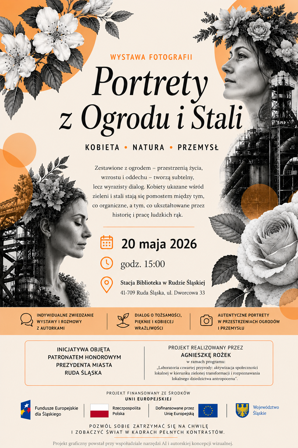 Plakat promujący wernisaż wystawy Portrety z Ogrodu i Stali.