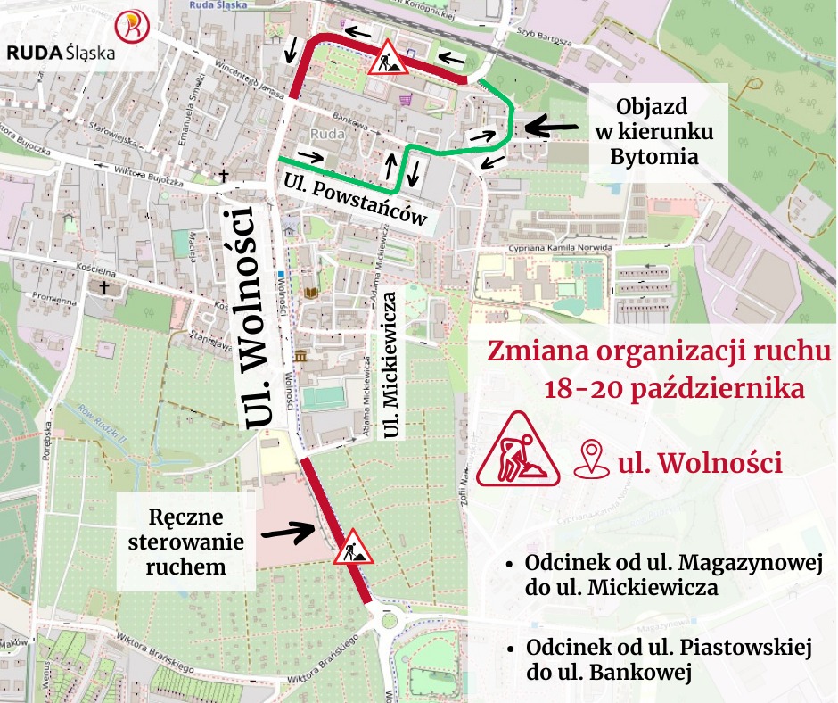 Grafika przedstawiająca utrudnienia w ruchu na ul. Wolności.