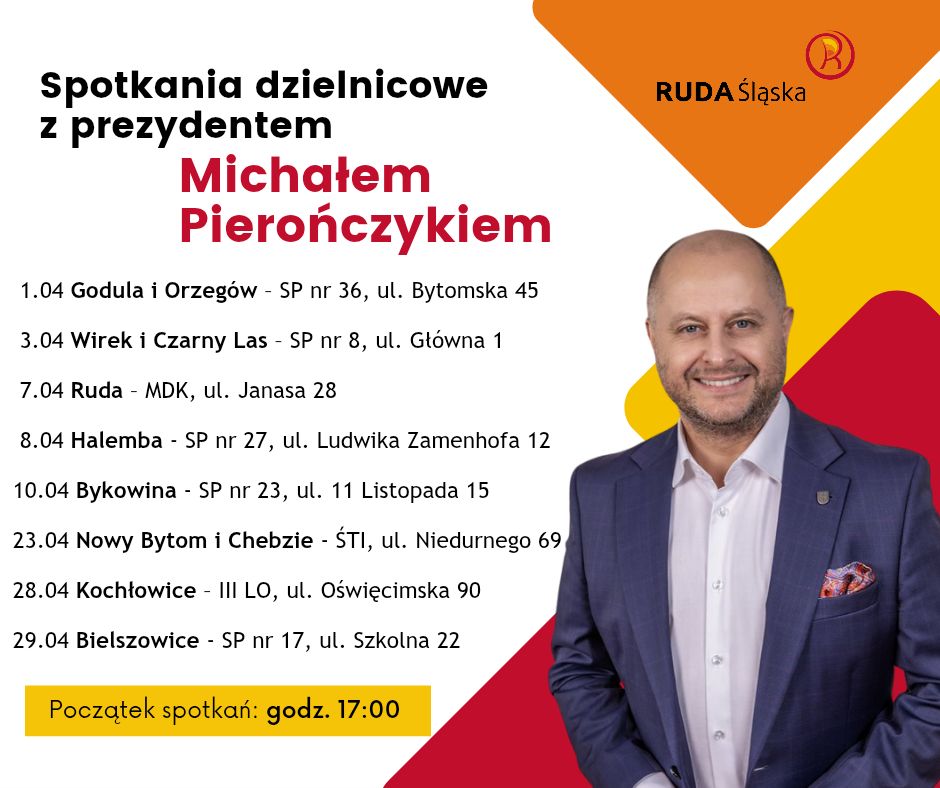 Plakat zapowiadający spotkania z mieszkańcami. Po prawej stronie mężczyzna w garniturze.