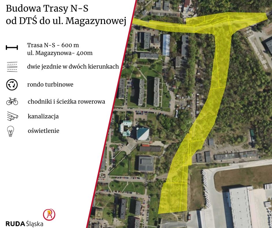 Mapka przedstawiająca miejsce rozpoczęcia budowy odcinka trasy NS od DTŚ do ul. Magazynowej.