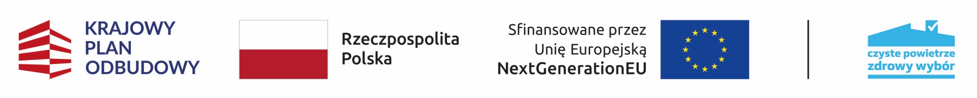 Logotypy: Krajowy Plan Odbudowy, Rzeczpospolita Polska, Sfinansowane przez Unię Europejską NextGenerationEU, Czyste Powietrze Zdrowy Wybór