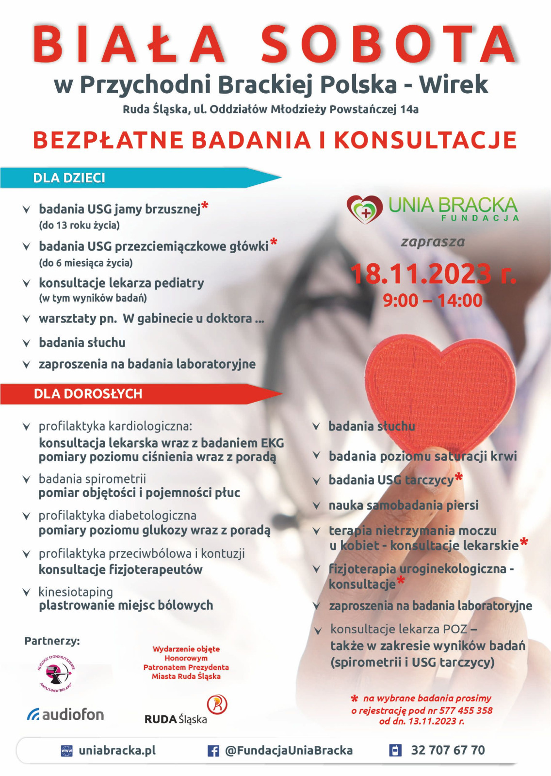 Grafika zapowiadająca białą sobotę w przychodni Polska-Wirek 18 listopada 2023 r.