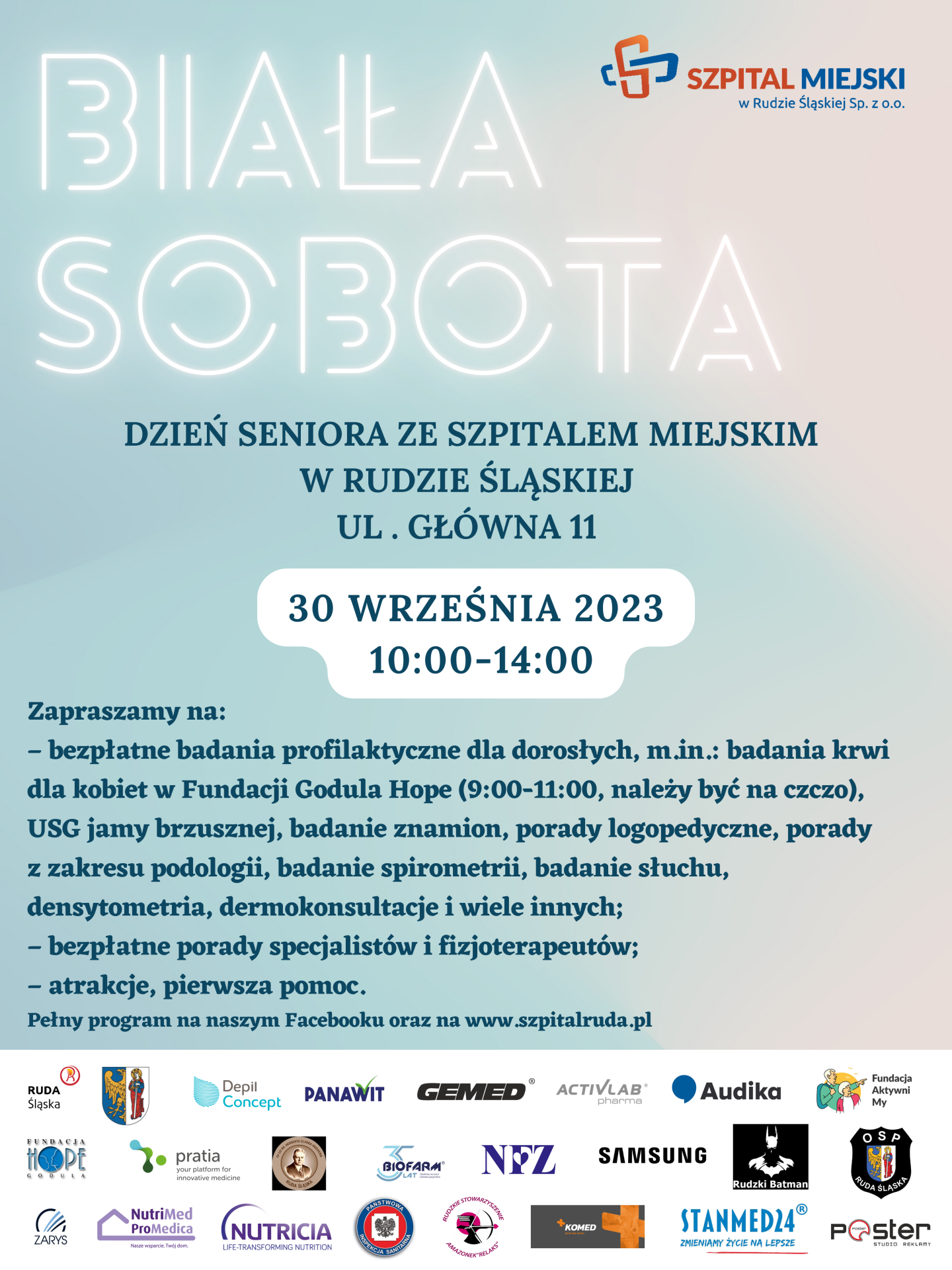Plakat informujący o Białej Sobocie w Szpitalu Miejskim 30 września 2023 roku.