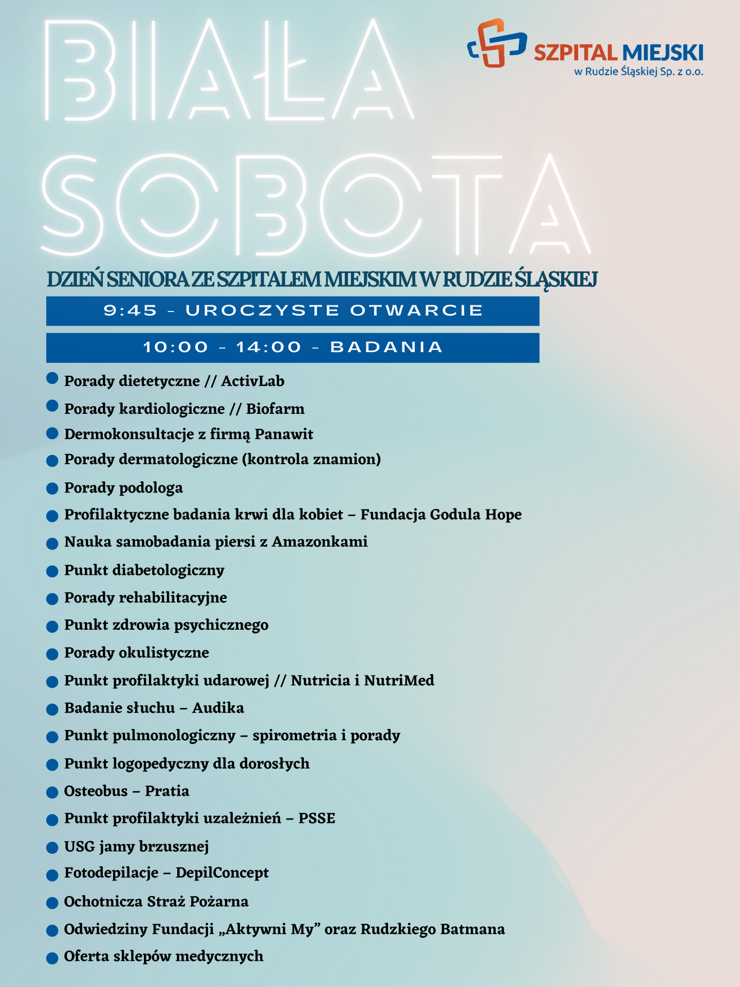 Plakat informujący o programie Białej Soboty w Szpitalu Miejskim 30 września 2023 roku.