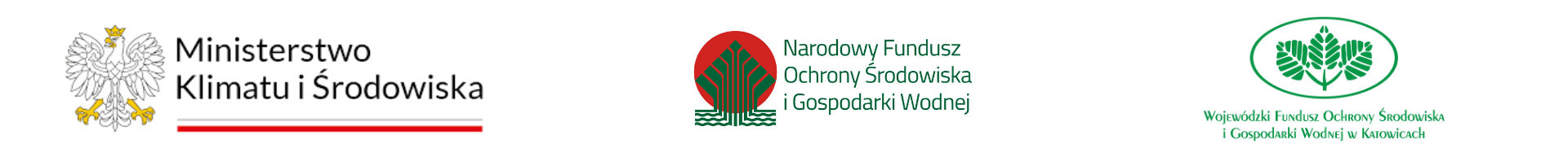 Logotypy: Ministerstwo Klimatu i Środowiska, Narodowy Fundusz Ochrony Środowiska i Gospodarki Wodnej, Wojewódzki Fundusz Ochrony Środowiska i Gospodarki Wodnej w Katowicach