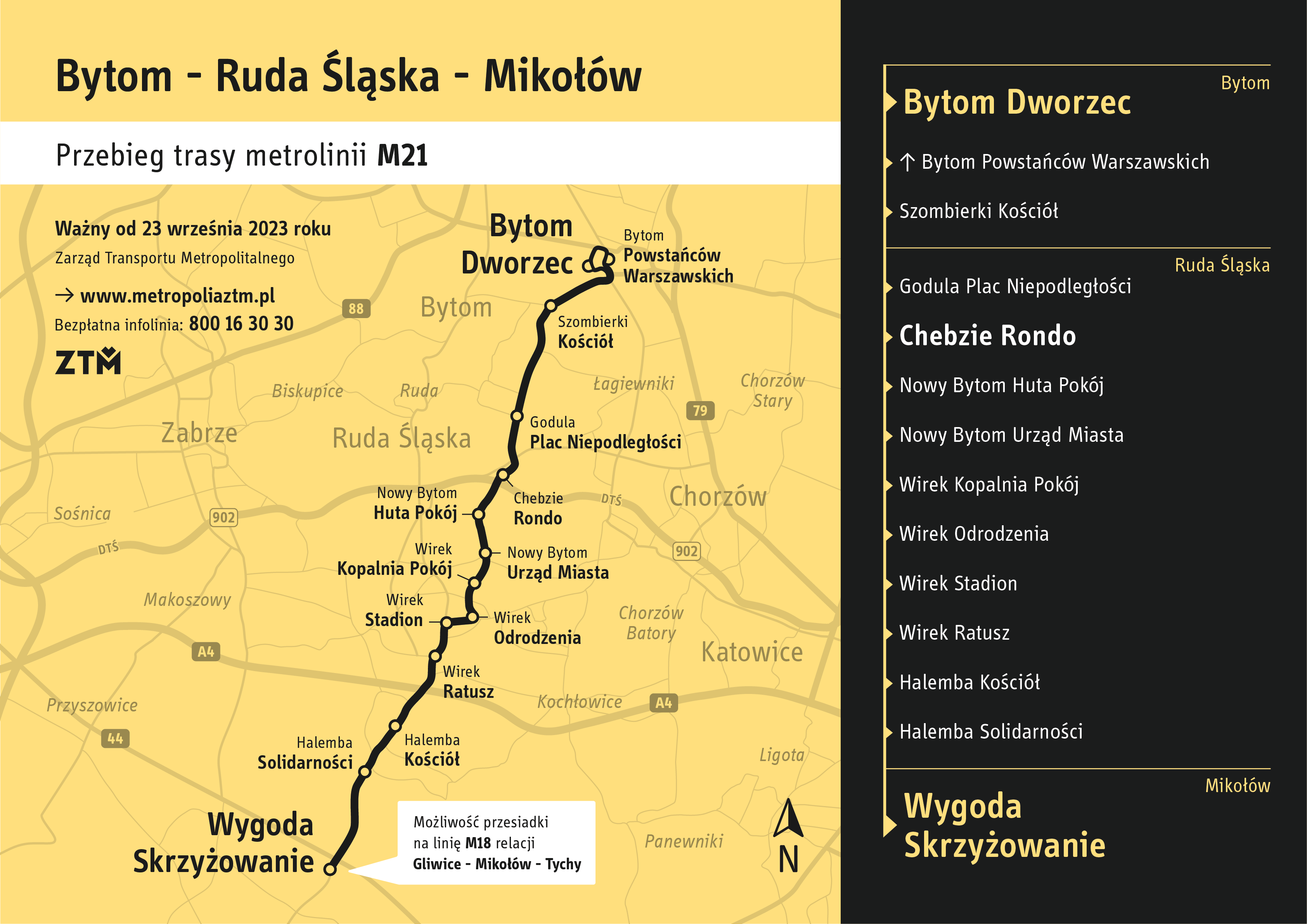 Mapa z przebiegiem trasy linii M21.