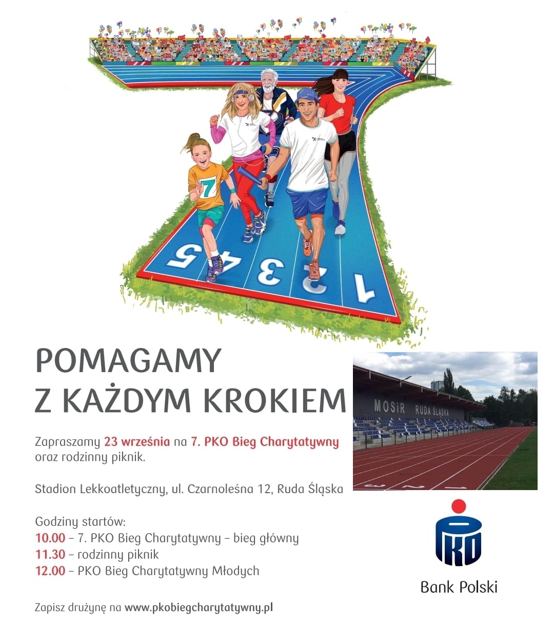 Plakat zachęcający do udziału w biegu charytatywnym. W górnej części grafika - grupa ludzi biegnie po bieżni, poniżej zdjęcie stadionu oraz napisy.