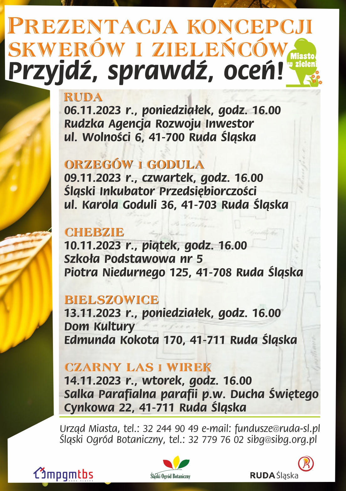 Plakat z terminami konsultacji w sprawie renowacji zieleńców.