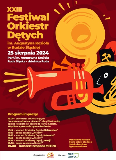 Grafika przedstawiająca postać grającą na trąbce i grafika z programem XXIII Festiwalu Orkiestr Dętych.