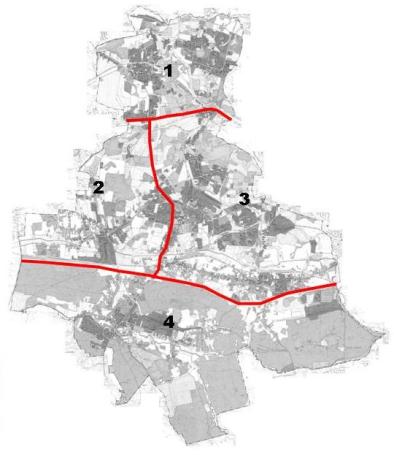 Mapa - podział miasta na 4 obszary
